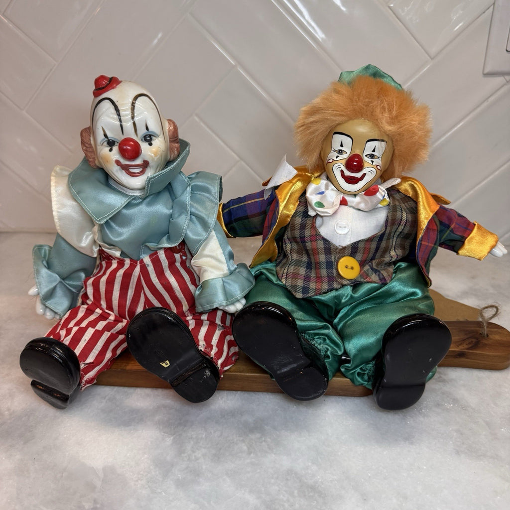 Vintage Porcelain "Shelf Sitter"  Weighted Clown Dolls - Set of 2 - Hand Painted