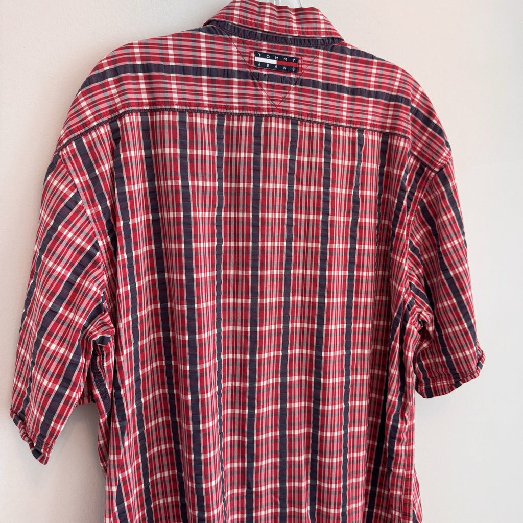 Vintage Tommy Jeans Shirt Mens XL Red Plaid Button Down Y2K Cotton Logo