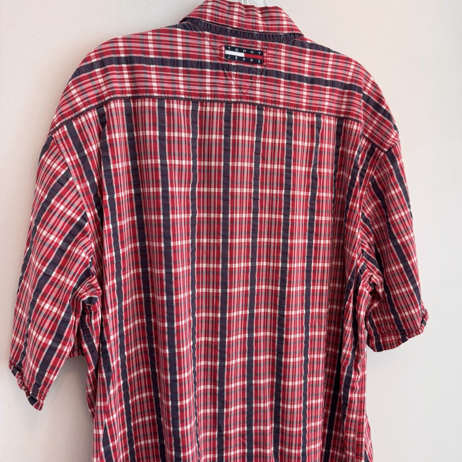 Vintage Tommy Jeans Shirt Mens XL Red Plaid Button Down Y2K Cotton Logo