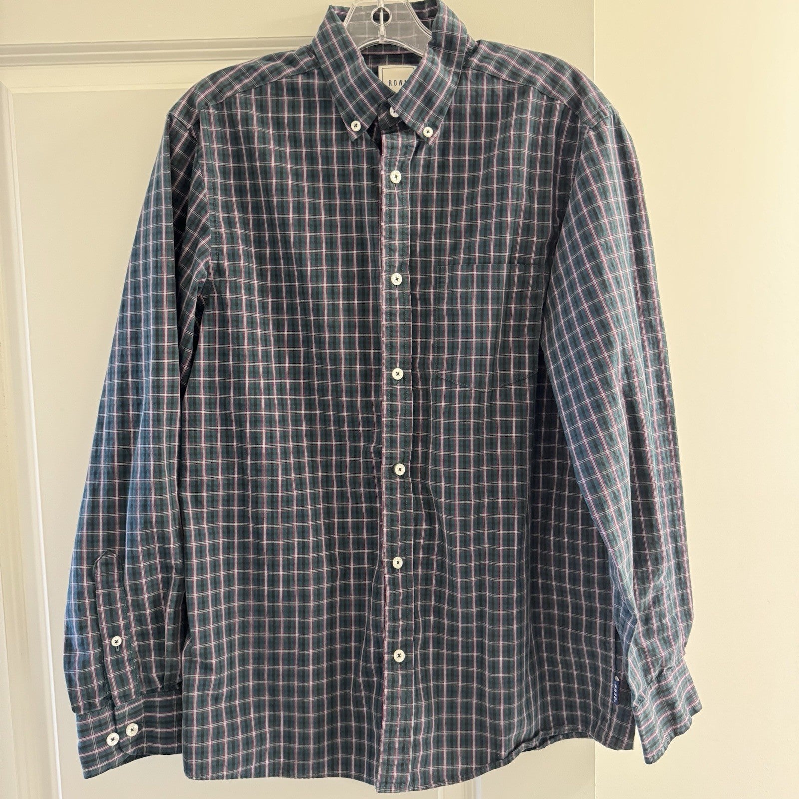 ROWM Men’s Button-Down Shirt Size M Plaid Green Pink Blue Long Sleeve Casual