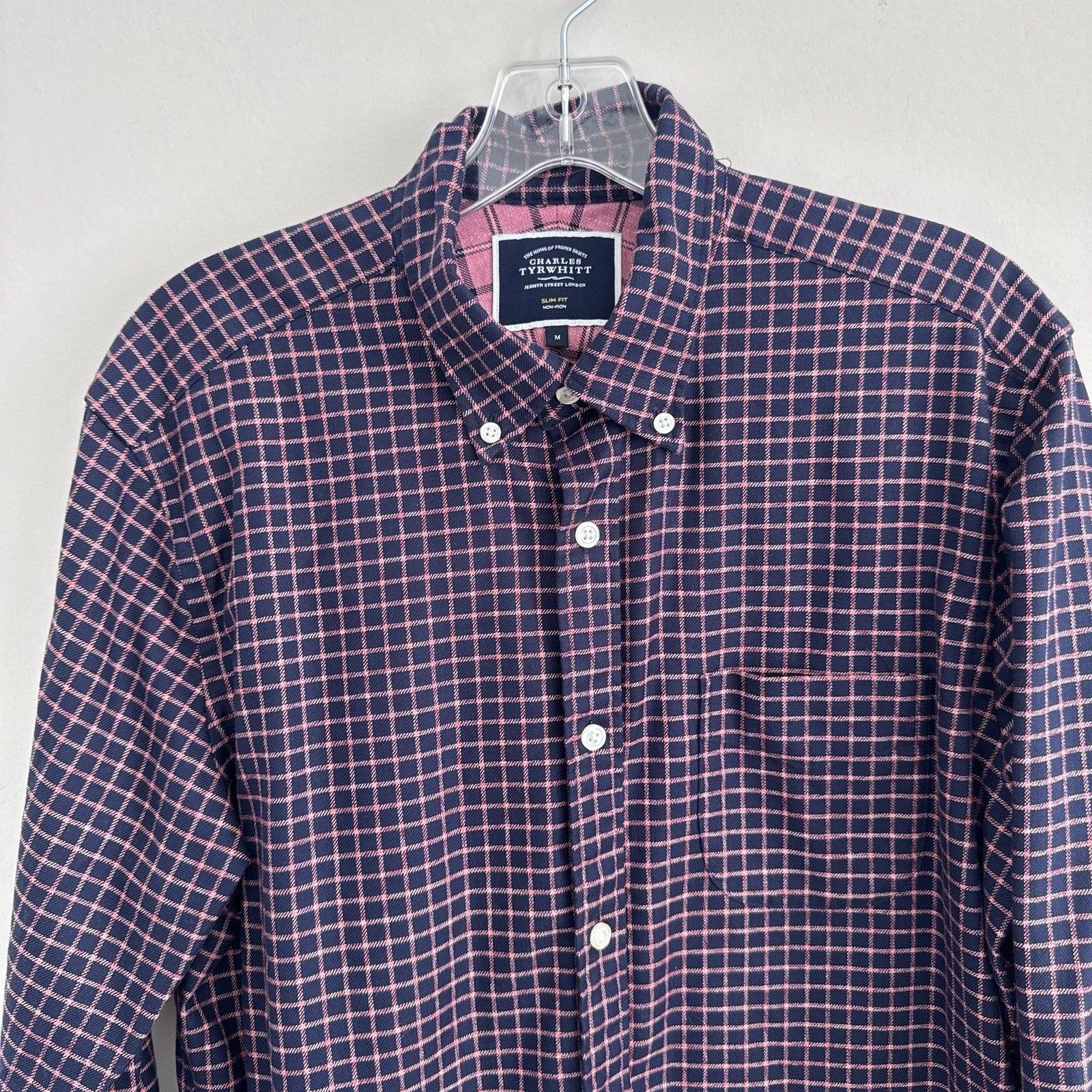 Charles Tyrwhitt Slim Fit Non-Iron Shirt Mens M Blue Pink Check Cotton 