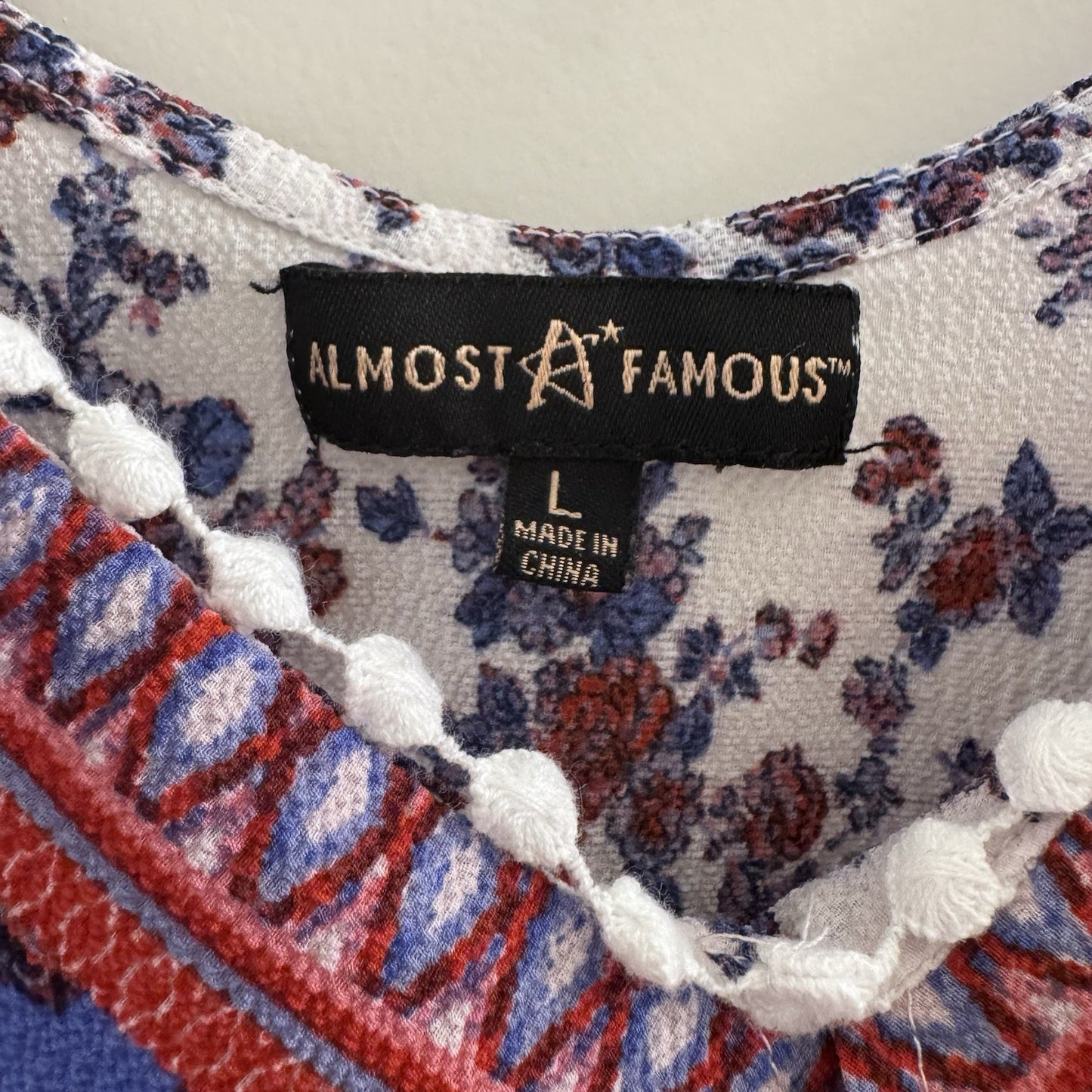 Almost Famous Boho Floral Tank Top L Red White Blue Ruffle Front