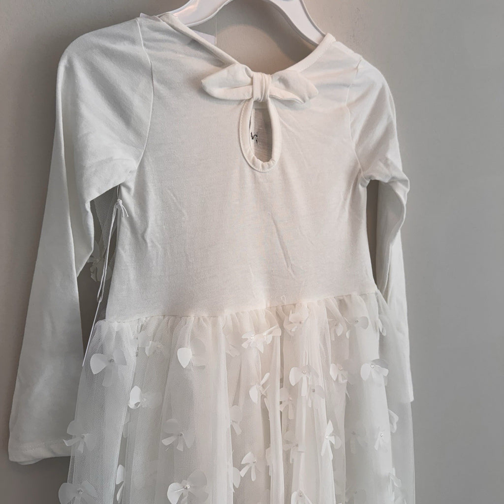 Btween Girls White Tulle Dress Size 8 Bow Detail Long Sleeve NWT With Bow