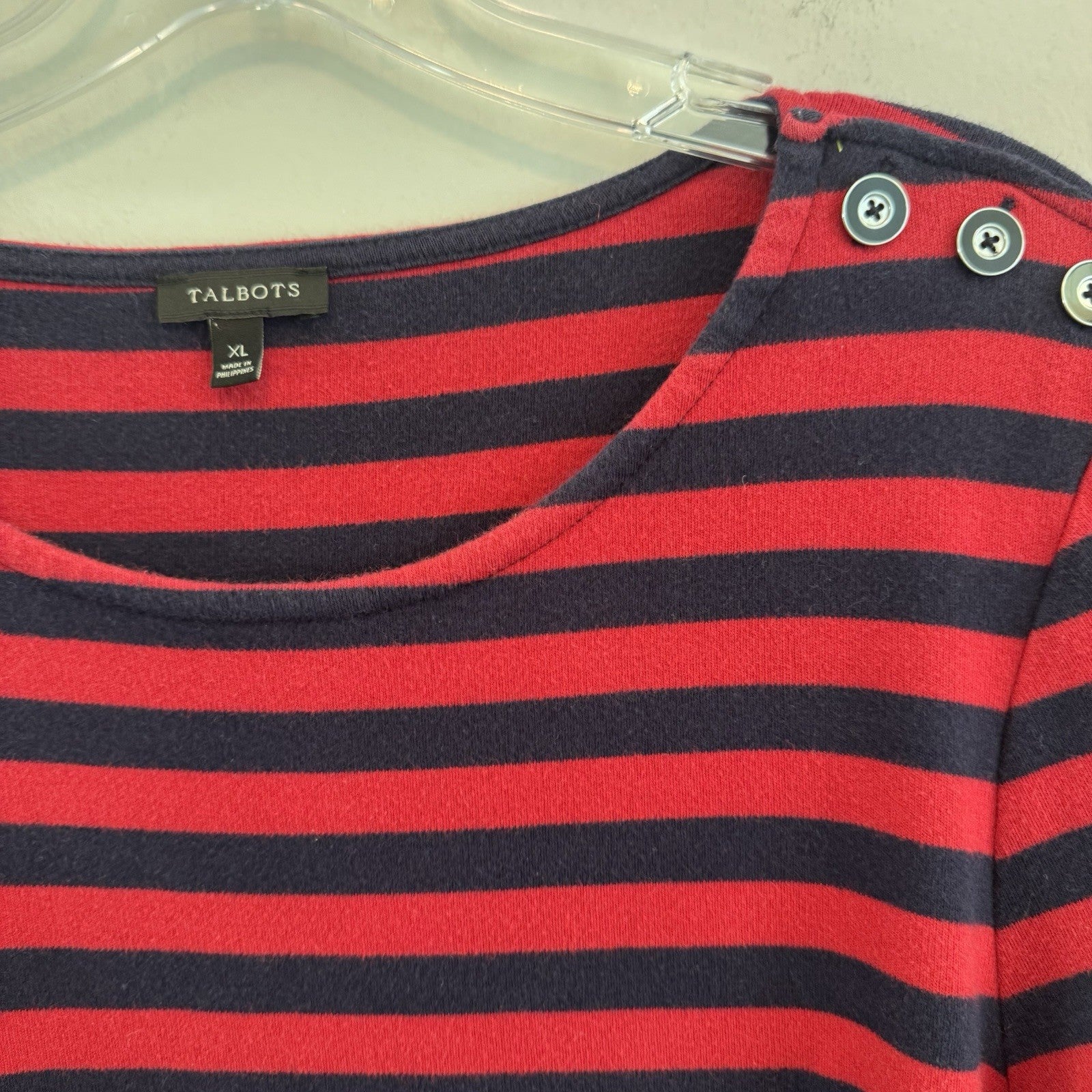 Talbots XL Red Navy Stripe Dress 3/4 Sleeve Nautical Button Shoulder