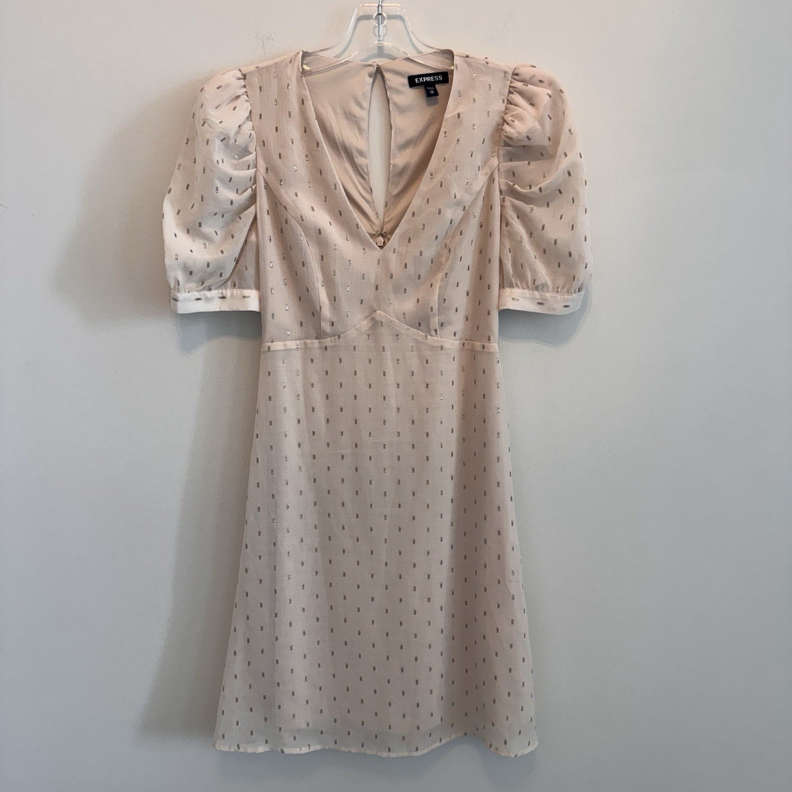EXPRESS Womens XS, Pink Dress, Metallic Dot Puff Sleeve Fit & Flare, Pre-owned