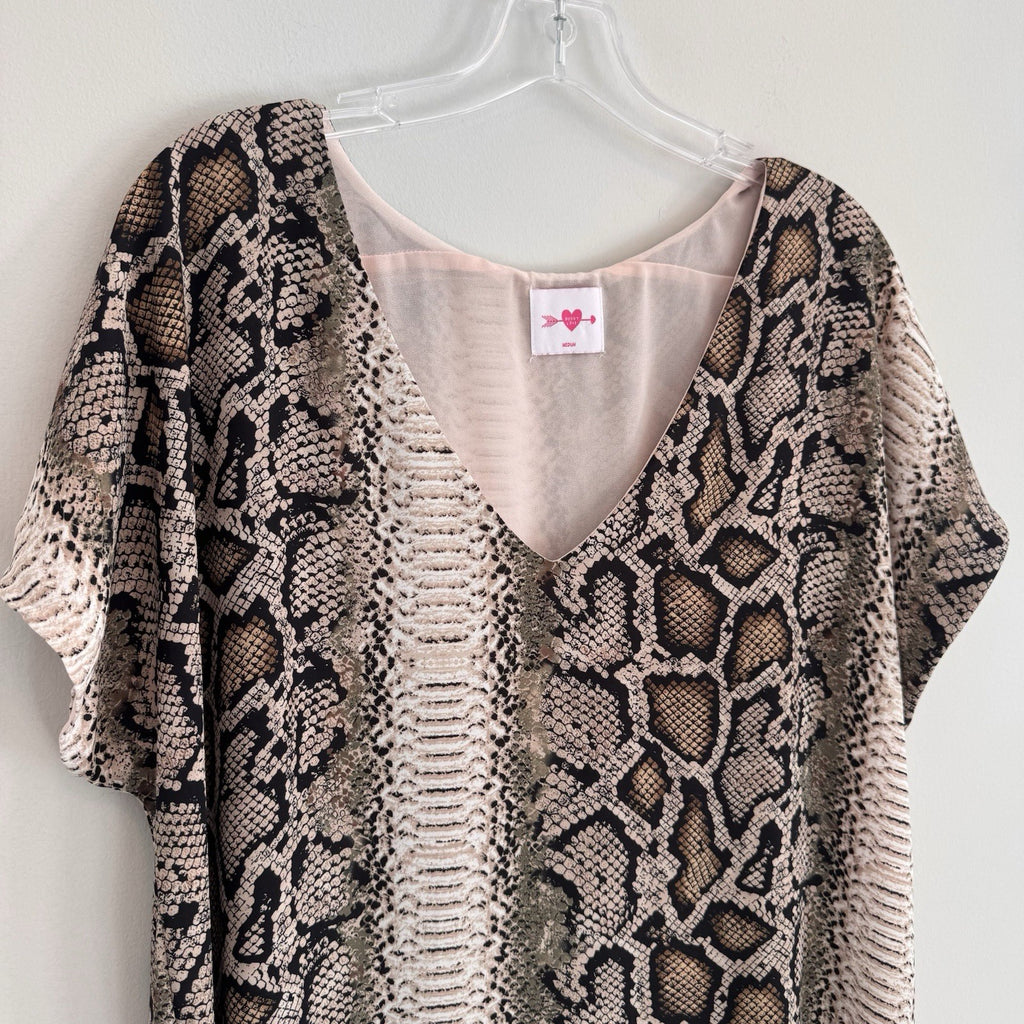 Buddy Love Snake Print Shift Dress Medium Pink Tan V-Neck Lined Women’s