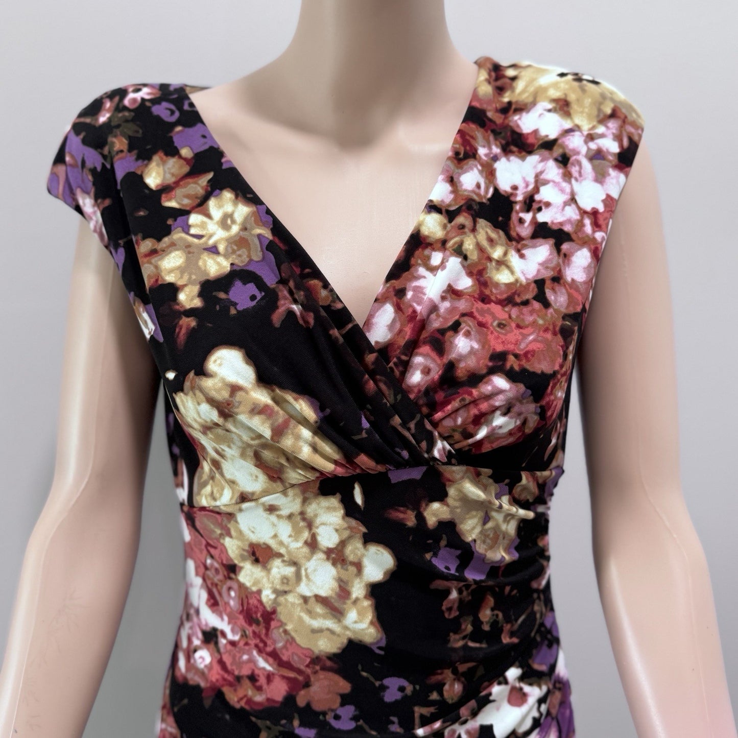 Lauren Ralph Lauren Floral Sheath Dress Size 4 RN41381 Black Pink Purple