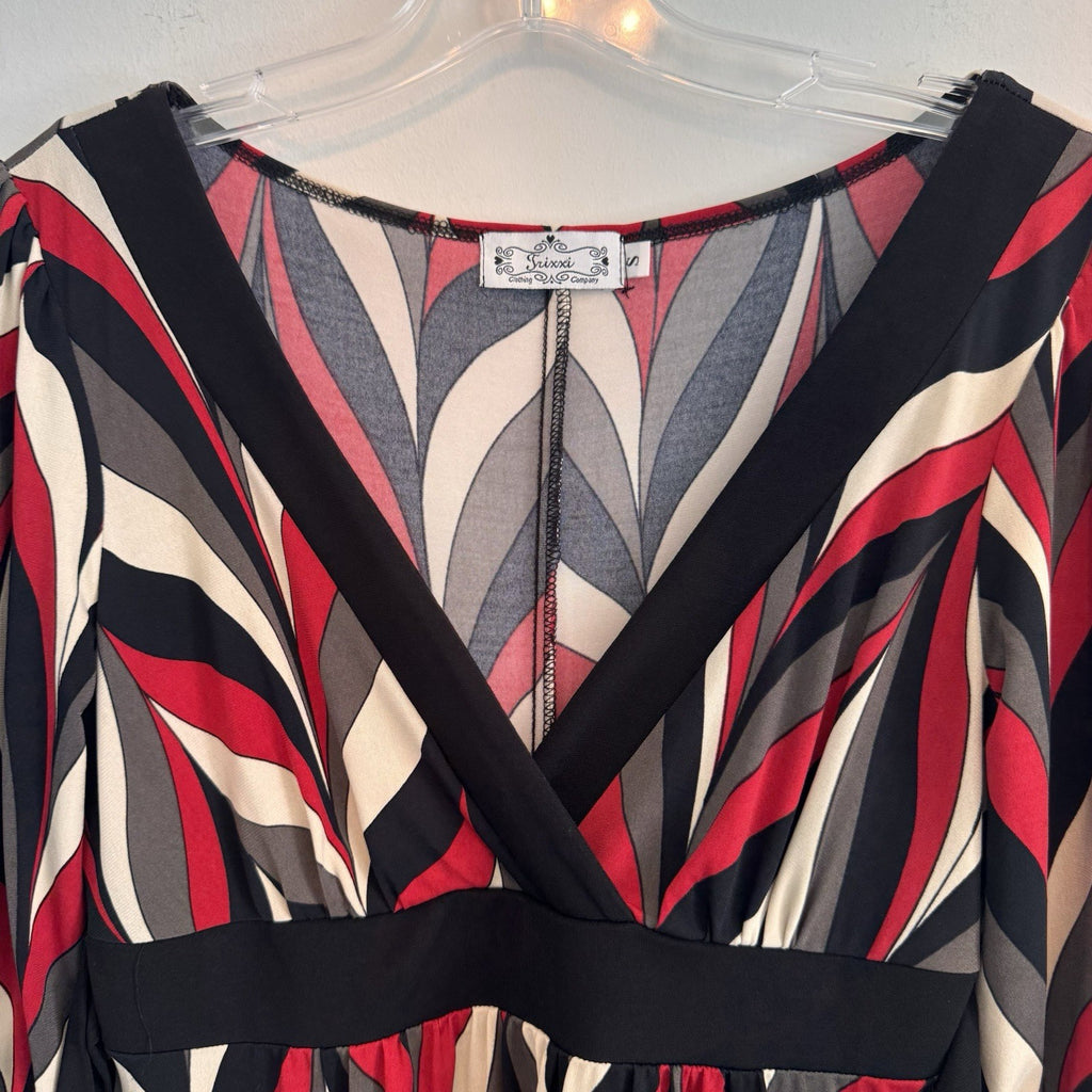 Trixxi Womens S Retro Abstract Geometric Print V-Neck Tie Back Dress Made in USA