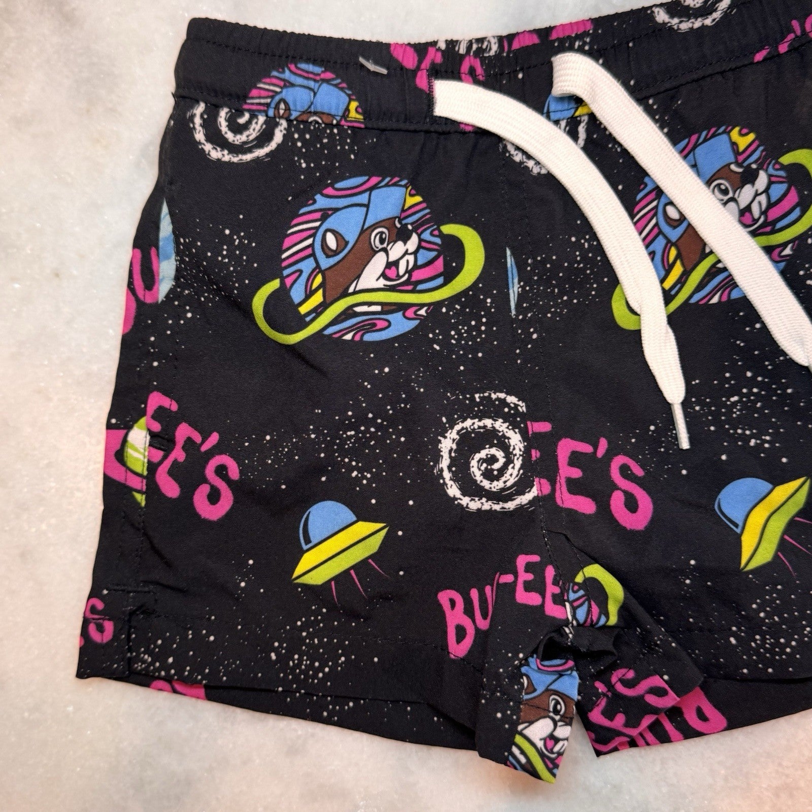 Buc-ee's Baby Boys Swim Trunks 12-18M Black Space Galaxy Beaver UFO Rocket 12-18