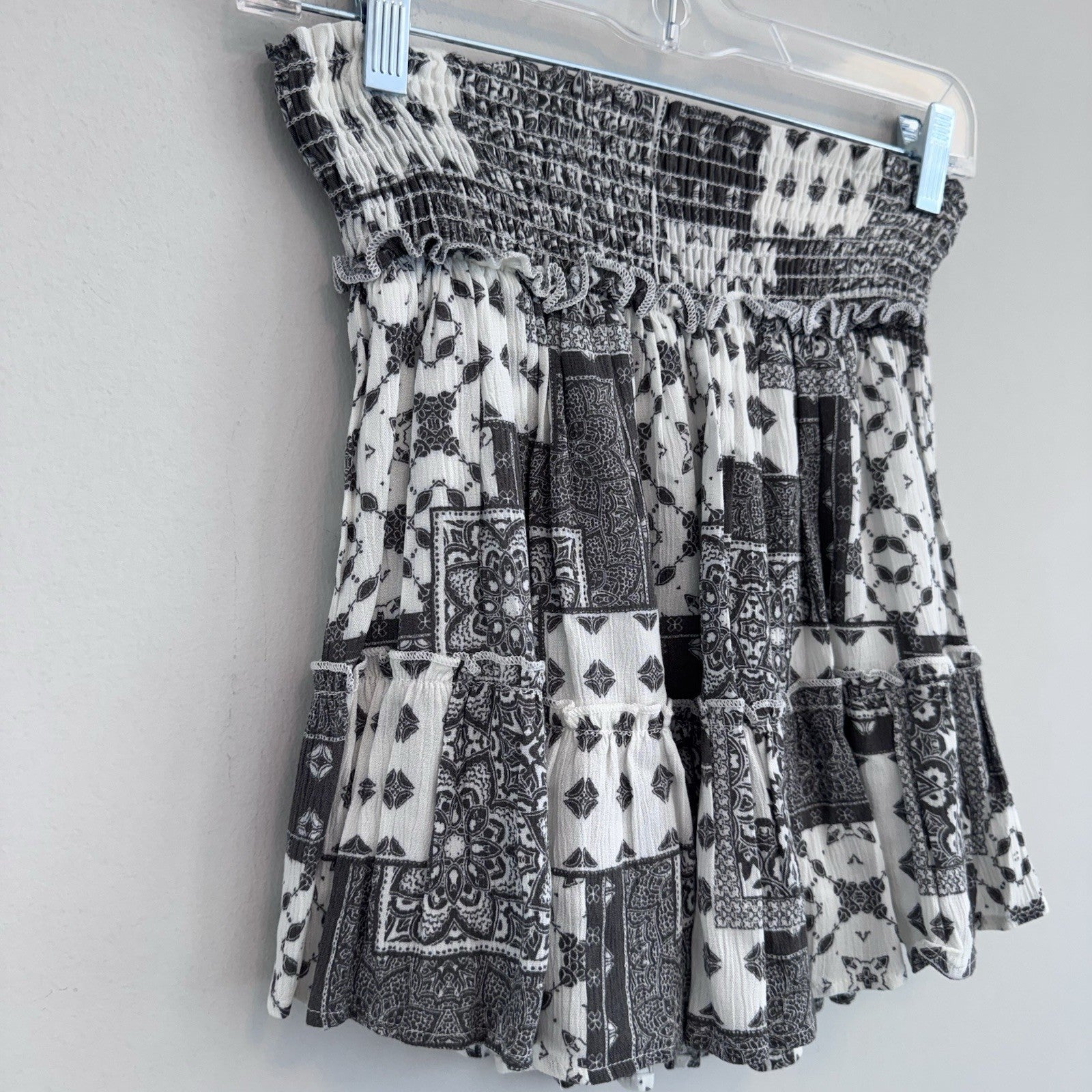 NWT Altar’d State Boho Smocked Tiered Mini Skirt M Cream Charcoal