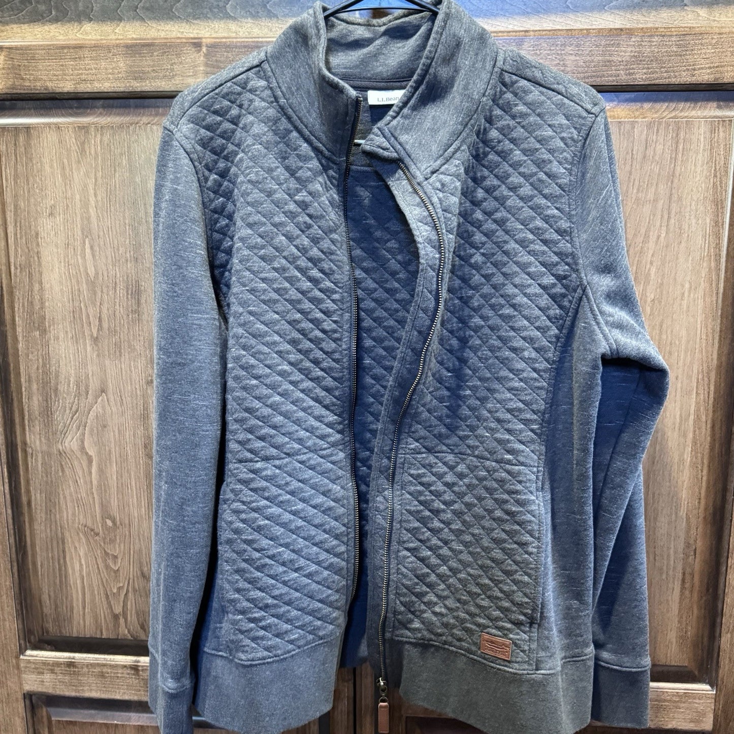 LL Bean Quilted Sweatshirt Full Zip Grey Women’s Cardigan Size Large