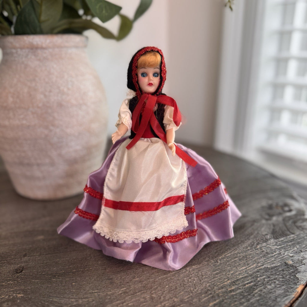 Vintage 1950s Hard Plastic Souvenir Doll Purple Satin Skirt Made in USA