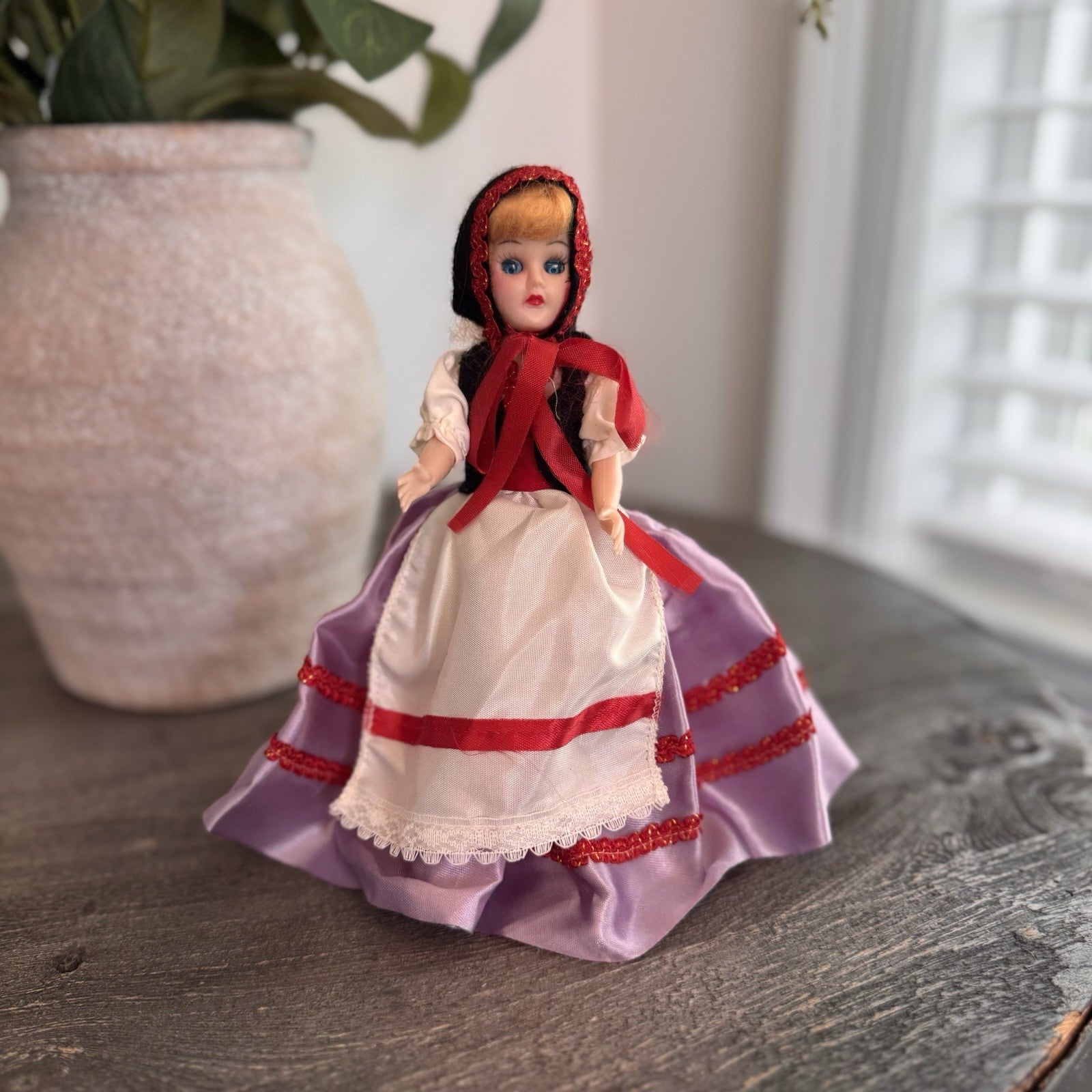 Vintage 1950s Hard Plastic Souvenir Doll Purple Satin Skirt Made in USA
