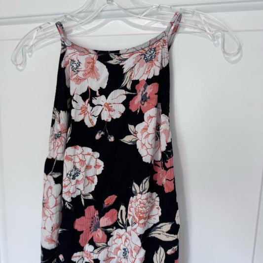 Roxy Floral Halter Dress Black Pink Sleeveless Summer Beach Boho Y2K Small 