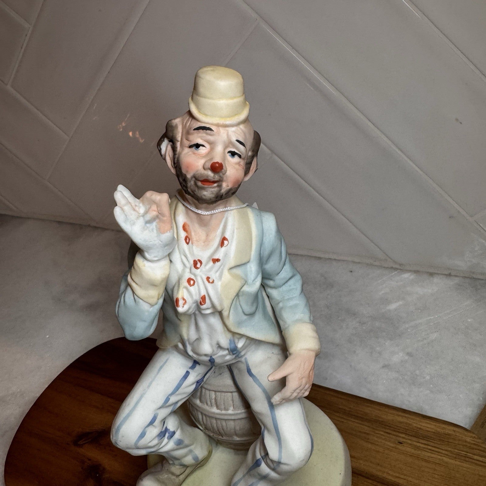 Vintage Bisque Porcelain Hobo Clown Figurine - Sitting on Barrel