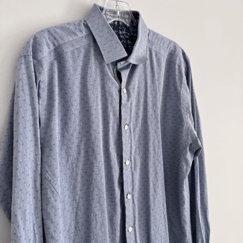 RGB Black Label Mens XL Blue Micro Dot Shirt Floral Trim Cotton