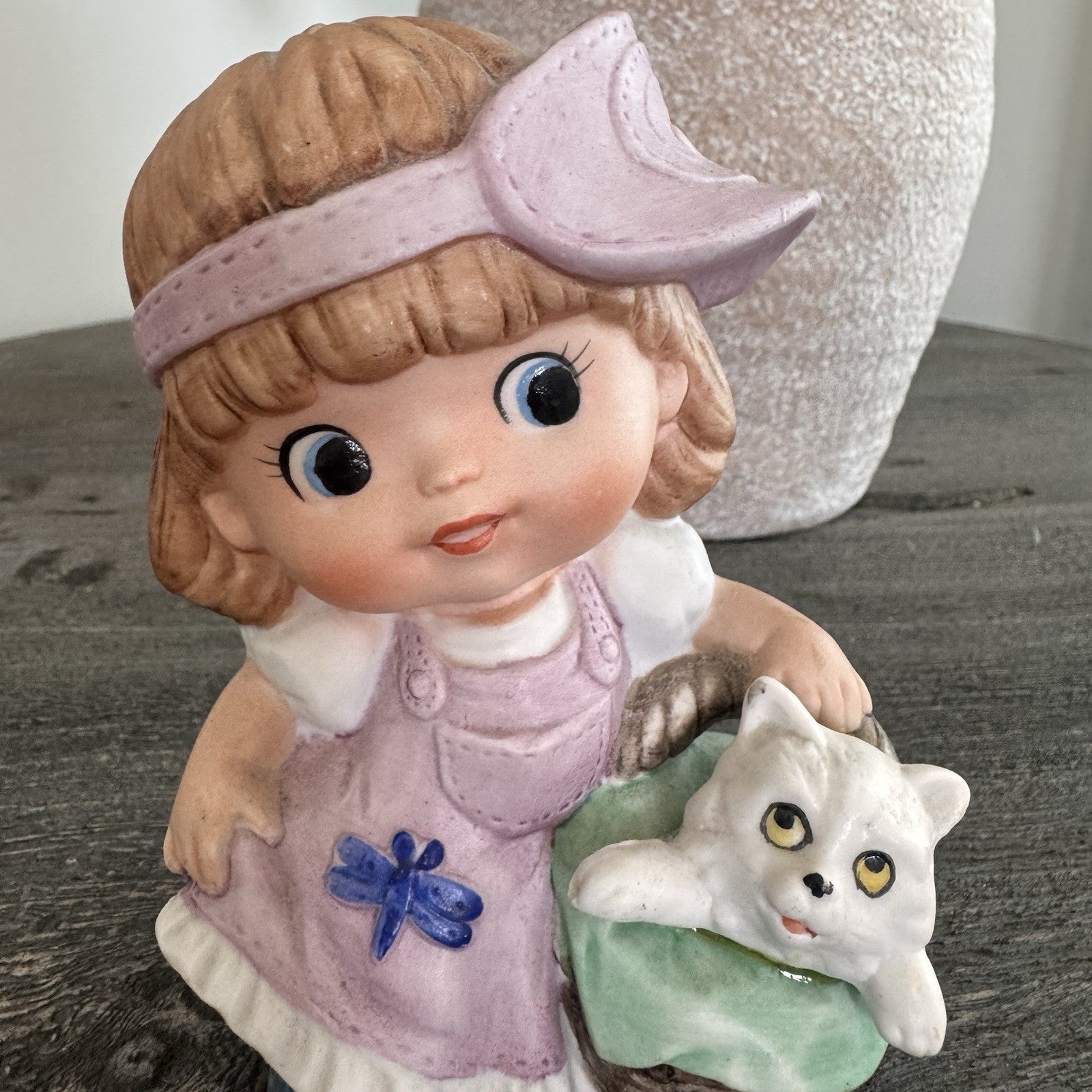 Vintage Homeco Porcelain Figurine Girl in Pink Dress with White Cat in Basket