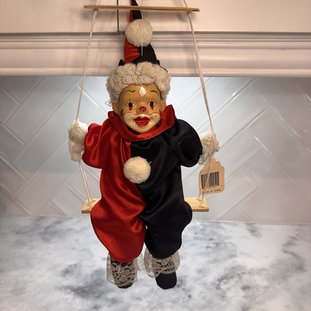 Vintage BVI Inc Porcelain Face Clown on Wooden Swing Red Black Harlequin Jester