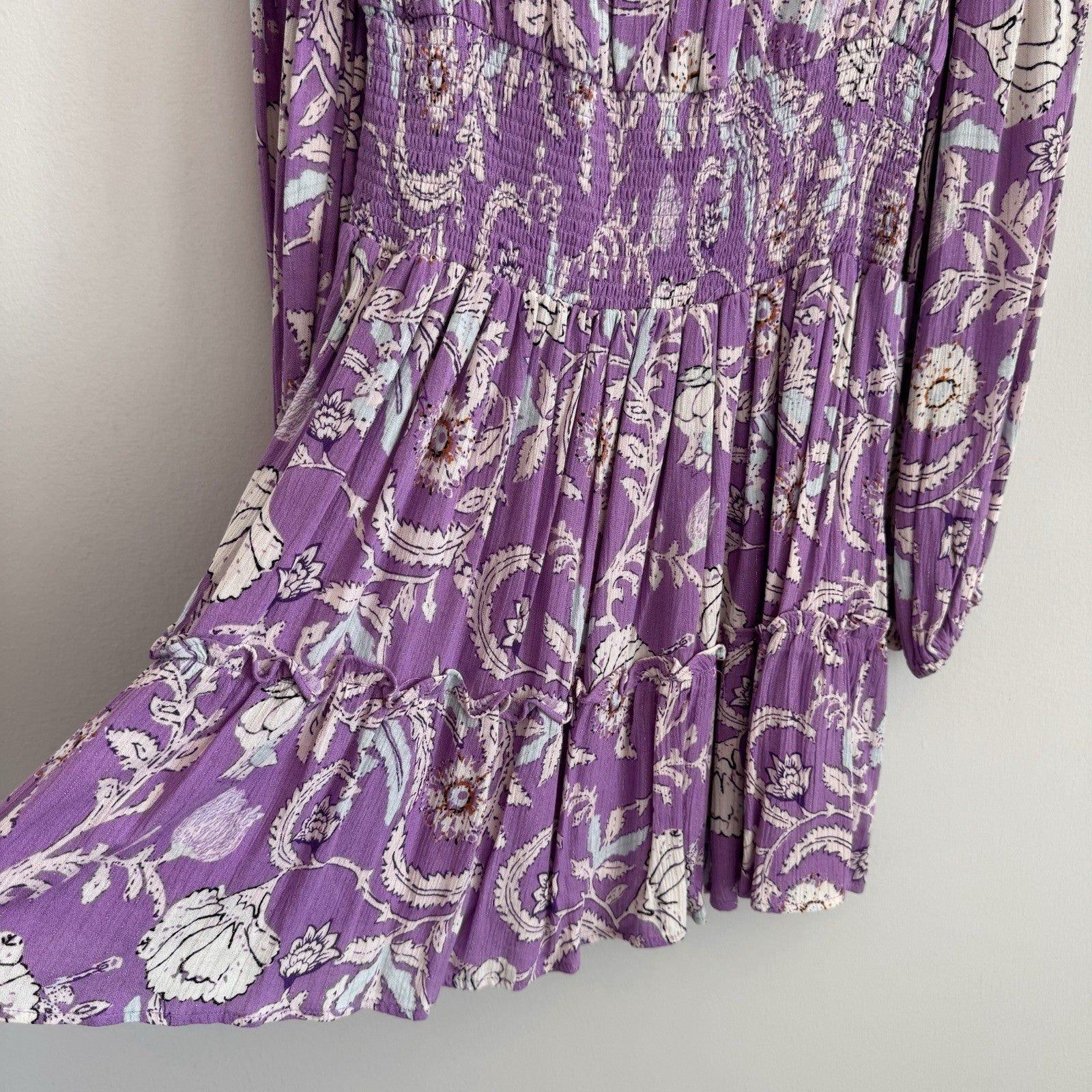 House of Harlow 1960 Paisley Pink Purple Smocked Boho Tiered Short Dress Size S
