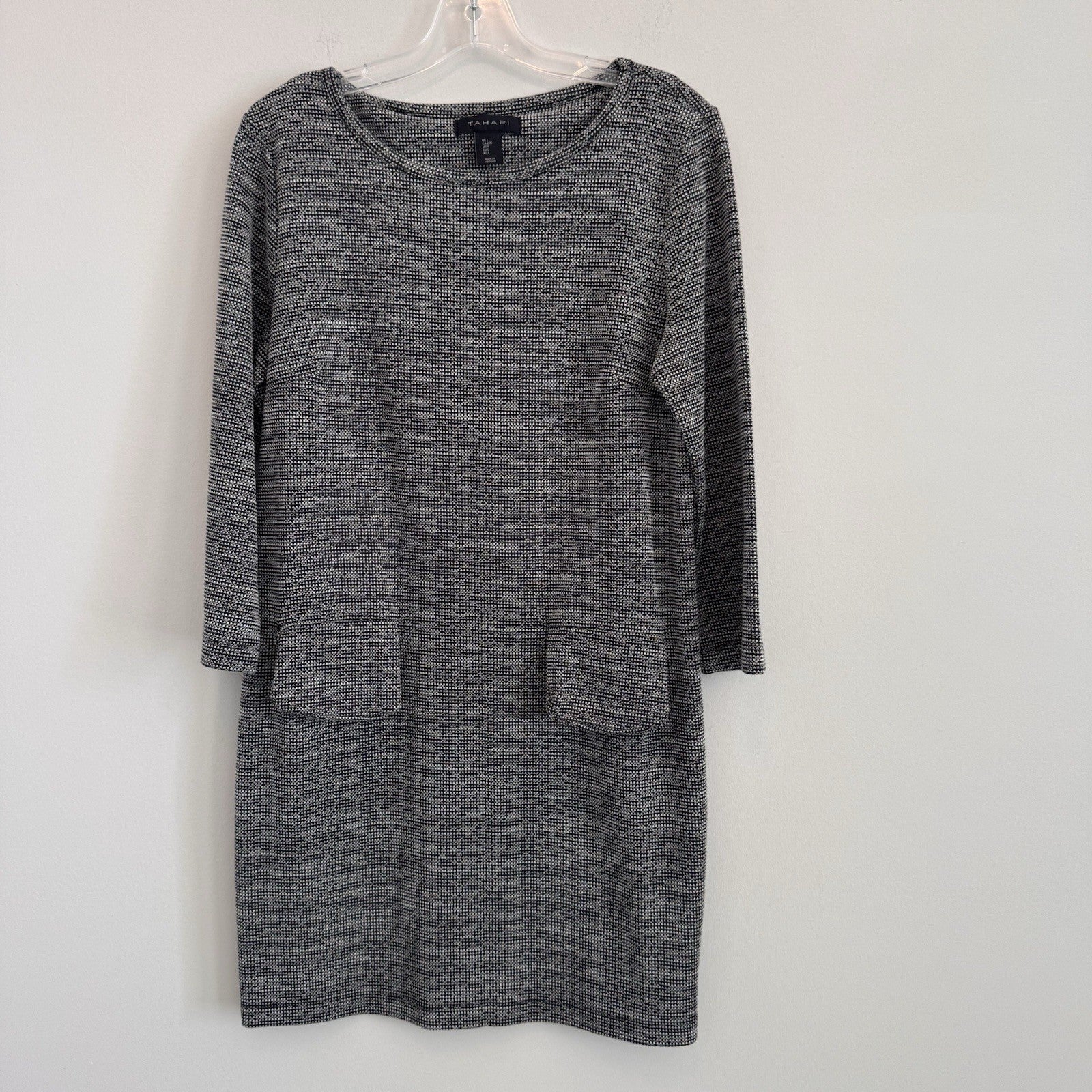 Tahari Black White Textured Knit Shift Dress Large L 3/4 Sleeve Pockets Career