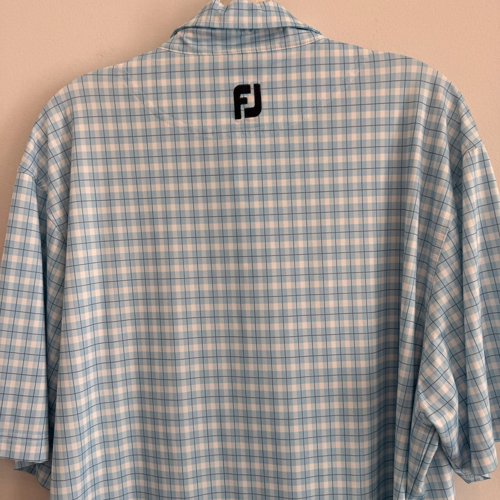 FJ Golf Polo Shirt Mens Large Blue White Gingham Plaid Performance Pocket