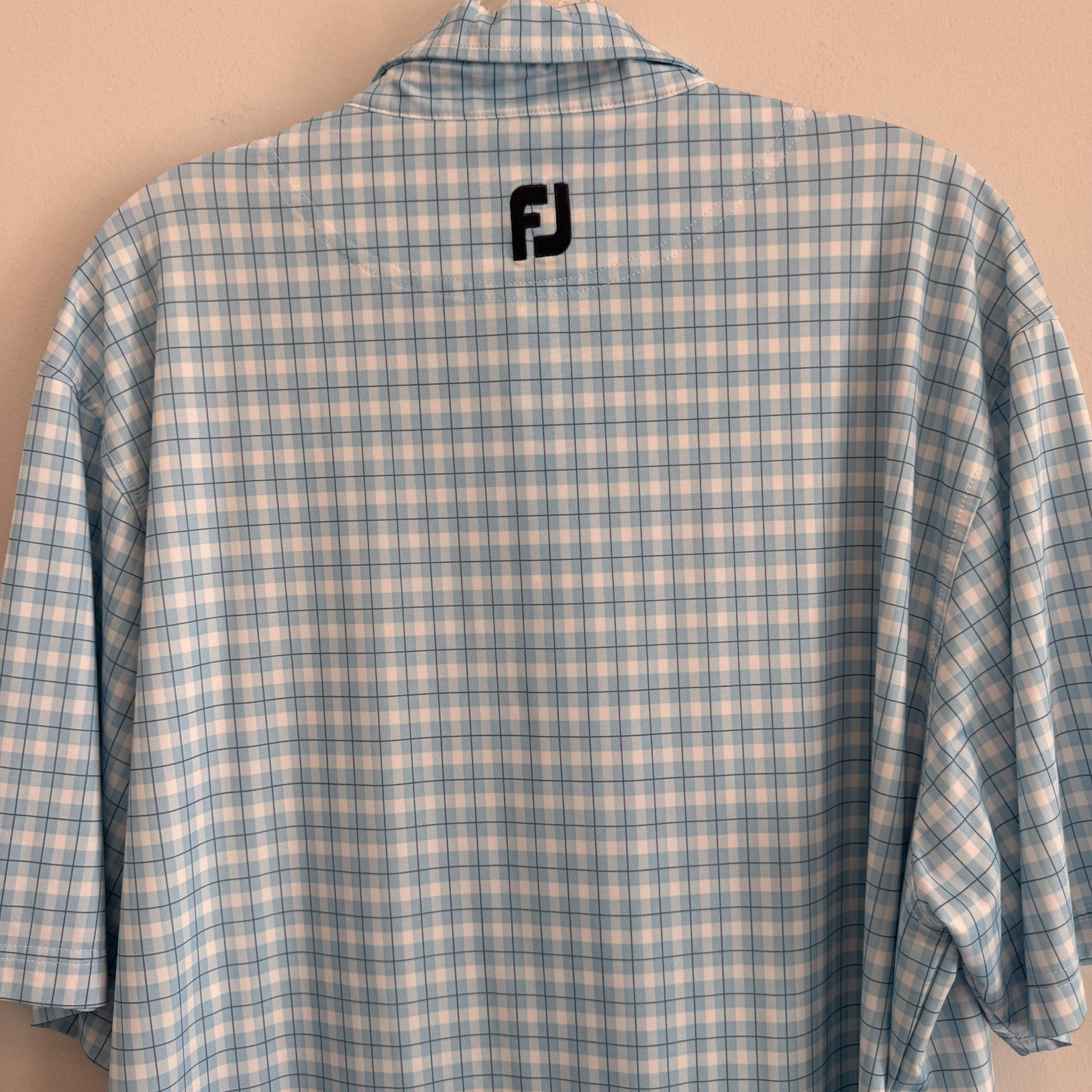 FJ Golf Polo Shirt Mens Large Blue White Gingham Plaid Performance Pocket
