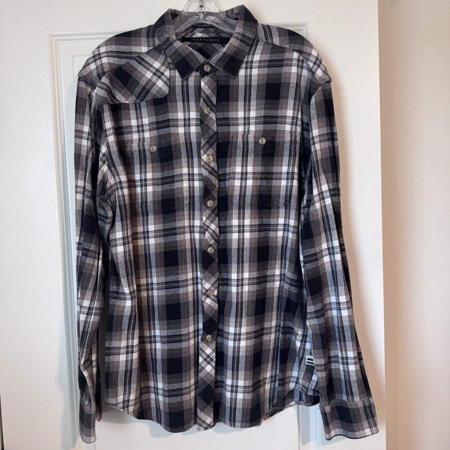 Sean John Men’s Plaid Flannel Shirt 2XL Tailored Fit Long Sleeve Cotton Gray