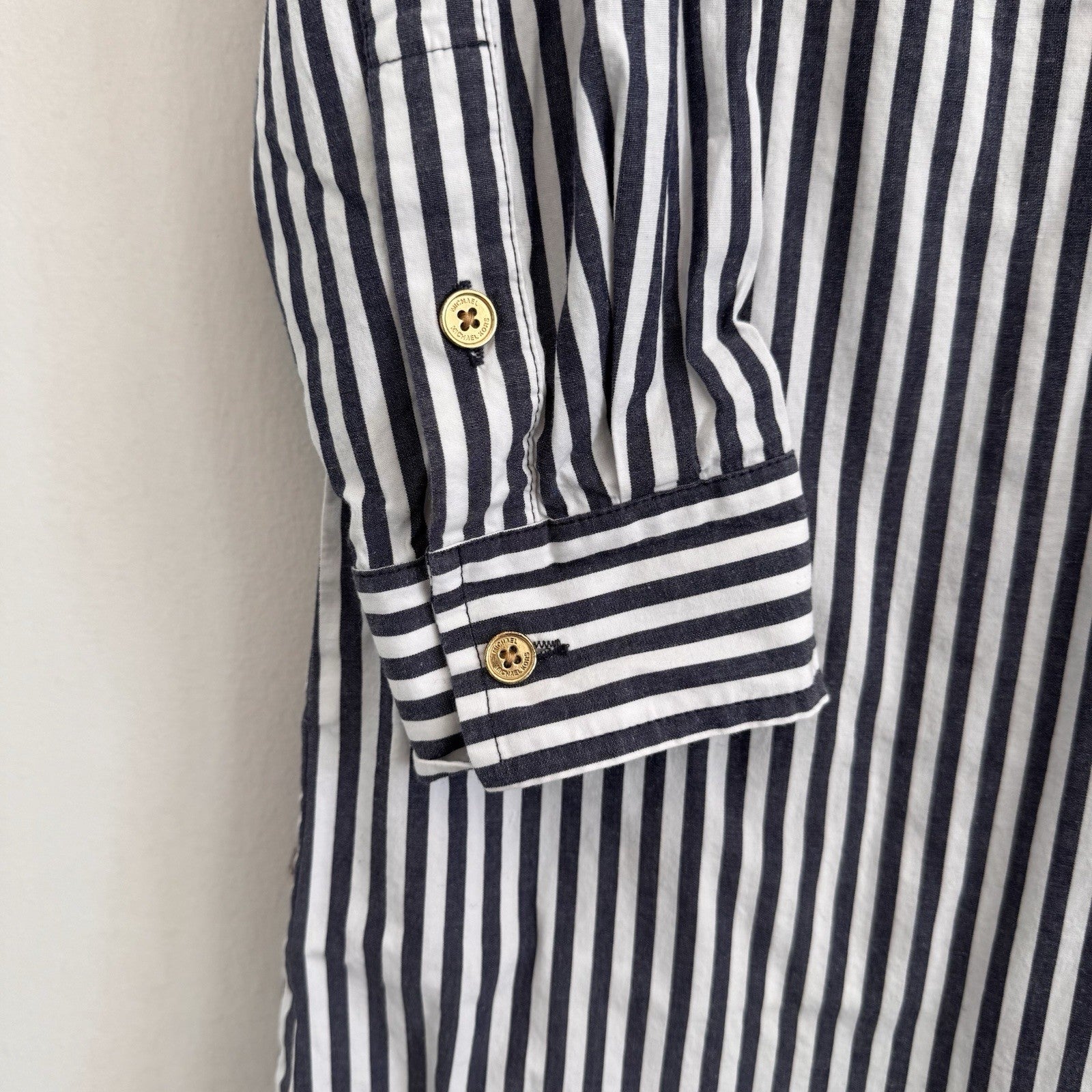 MICHAEL Michael Kors Women's Medium Navy White Striped Shirt Dress Pockets Gold
