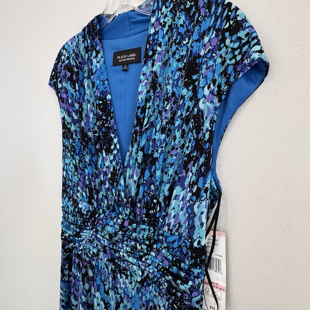 BLACK LABEL by EVAN PICONE Womens Sheath Dress Blue Abstract Ruched Waist Sz 10