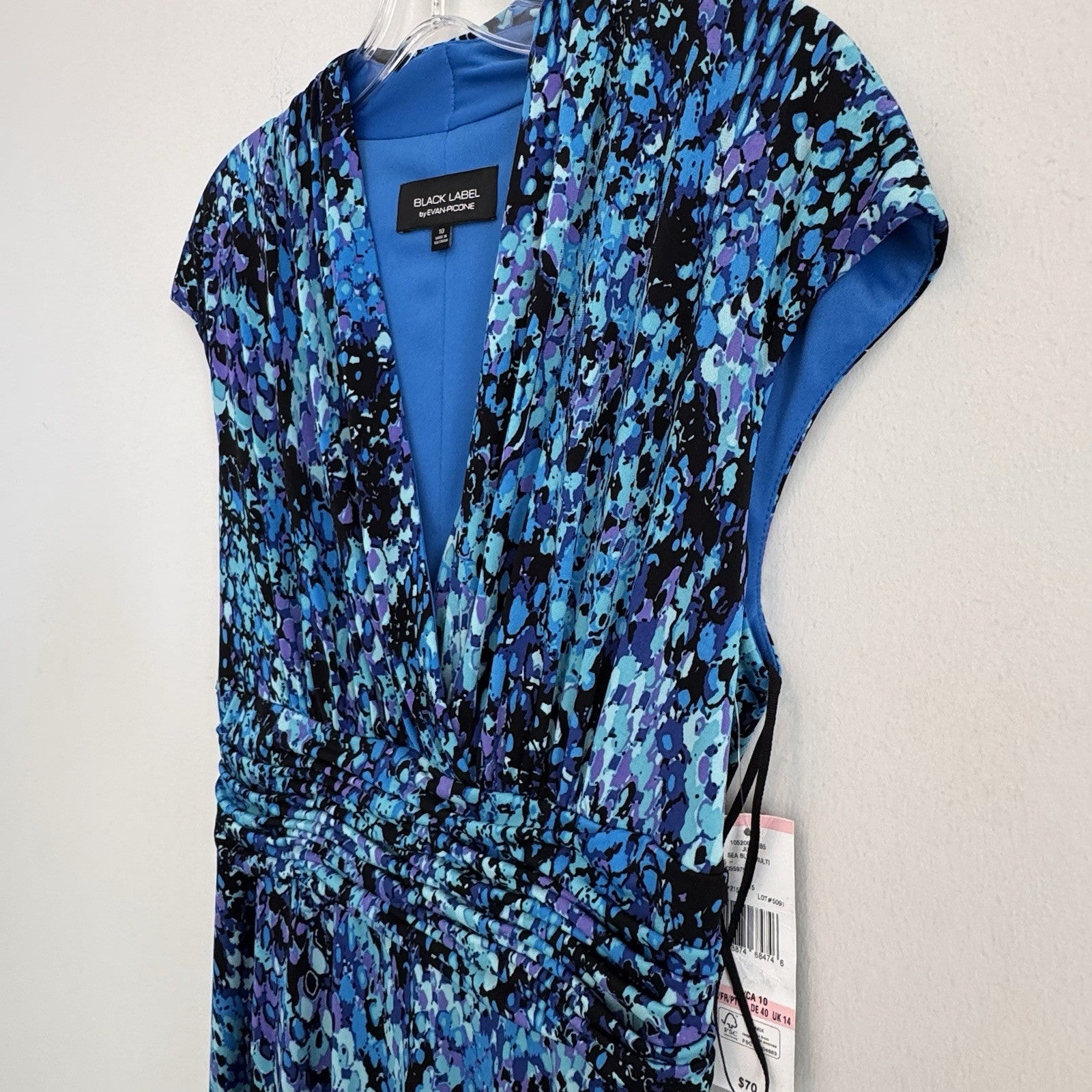 BLACK LABEL by EVAN PICONE Womens Sheath Dress Blue Abstract Ruched Waist Sz 10