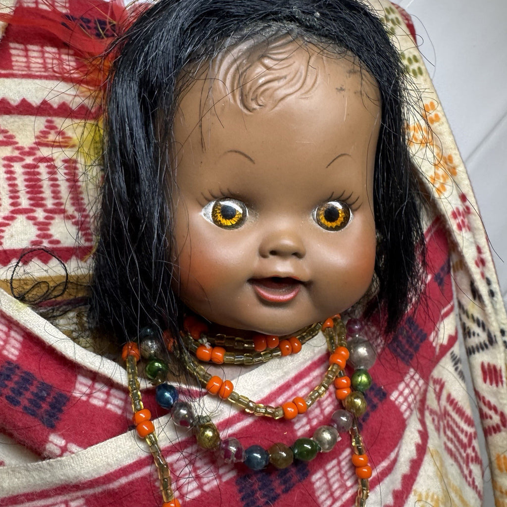 Vintage Native American Style Papoose Doll Sleepy Eyes Beaded Woven Cradleboard