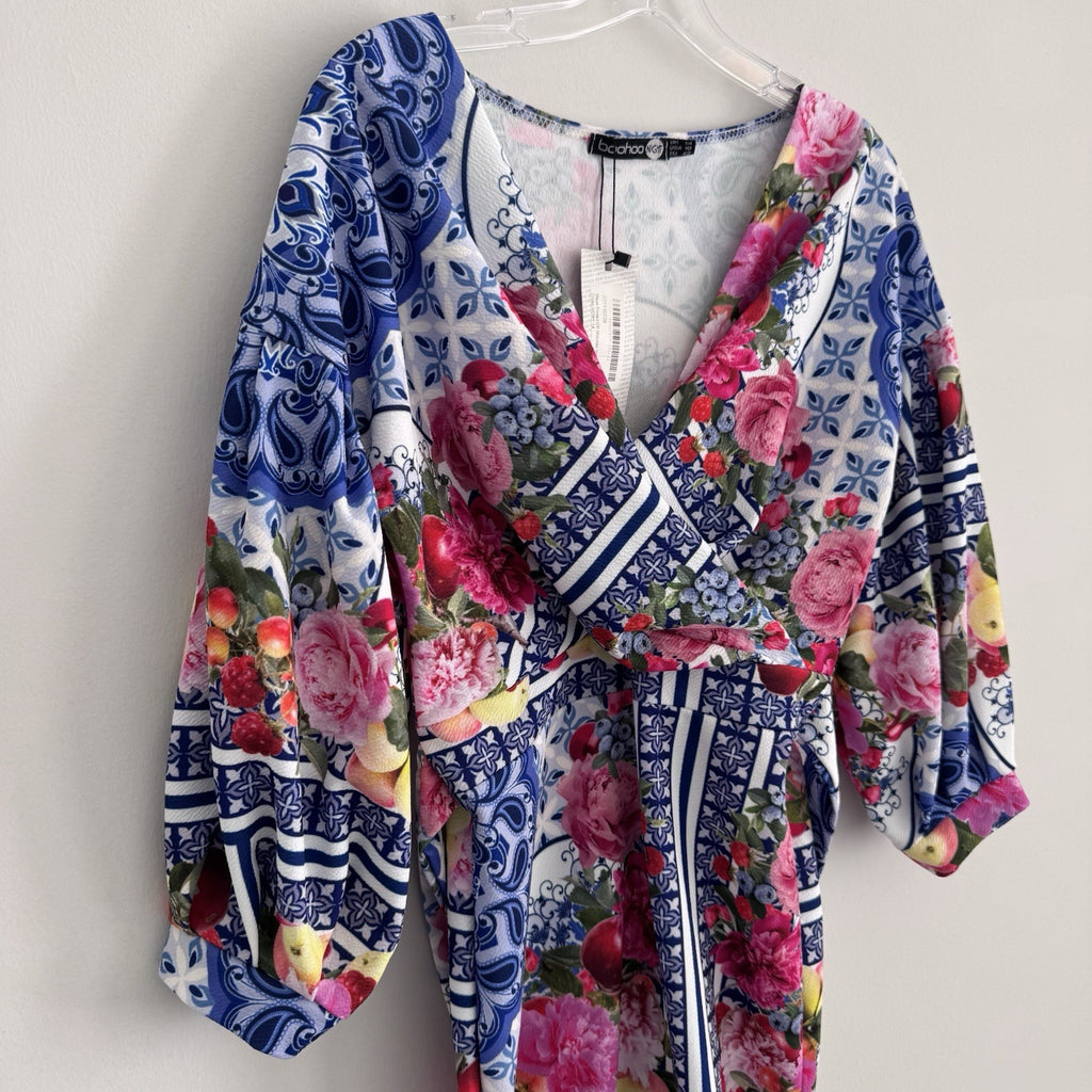 Boohoo Night Floral Tile Print Bodycon Dress US 10 Off Shoulder NWT