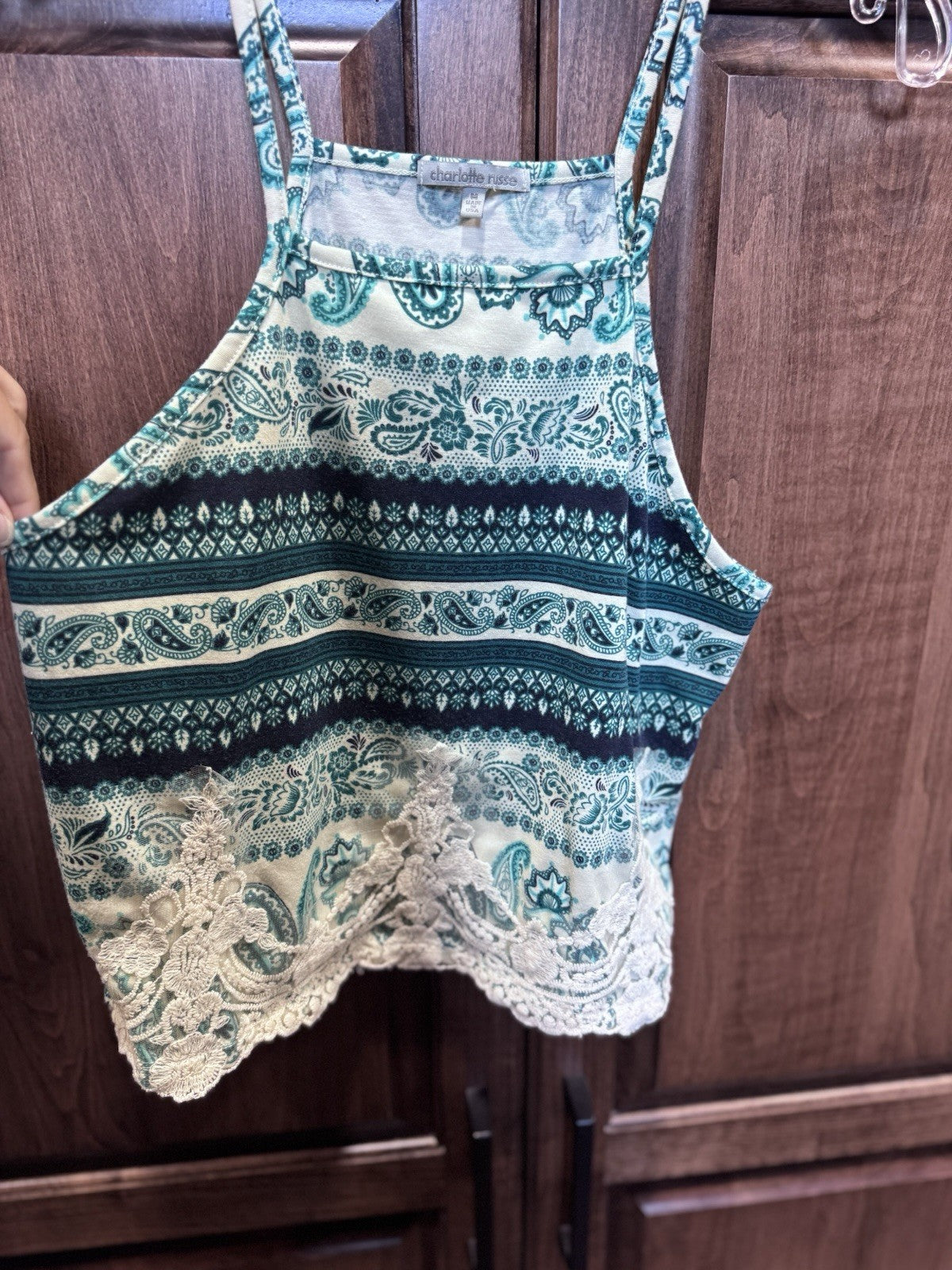 Charlotte Russe Boho Paisley Tank Top M Blue Lace Trim Crop Made in USA