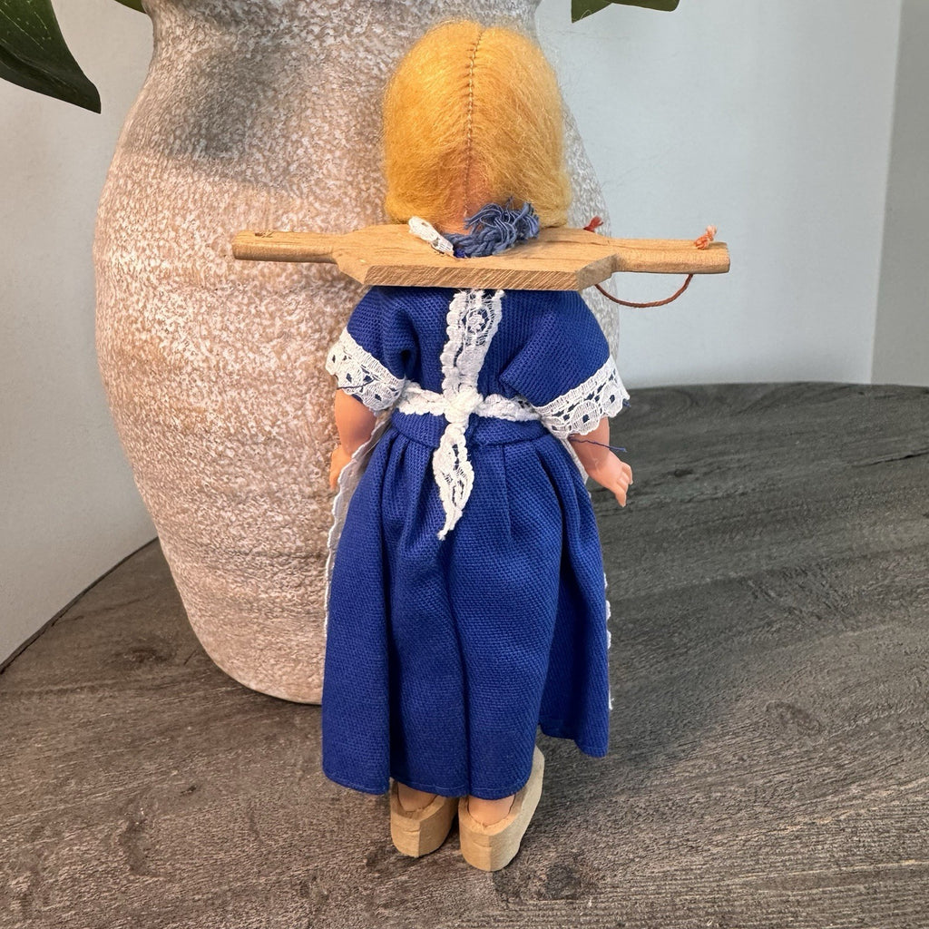 Vintage Dutch Girl Doll 7" Blonde Braids Wooden Clogs Windmill Dress Yoke