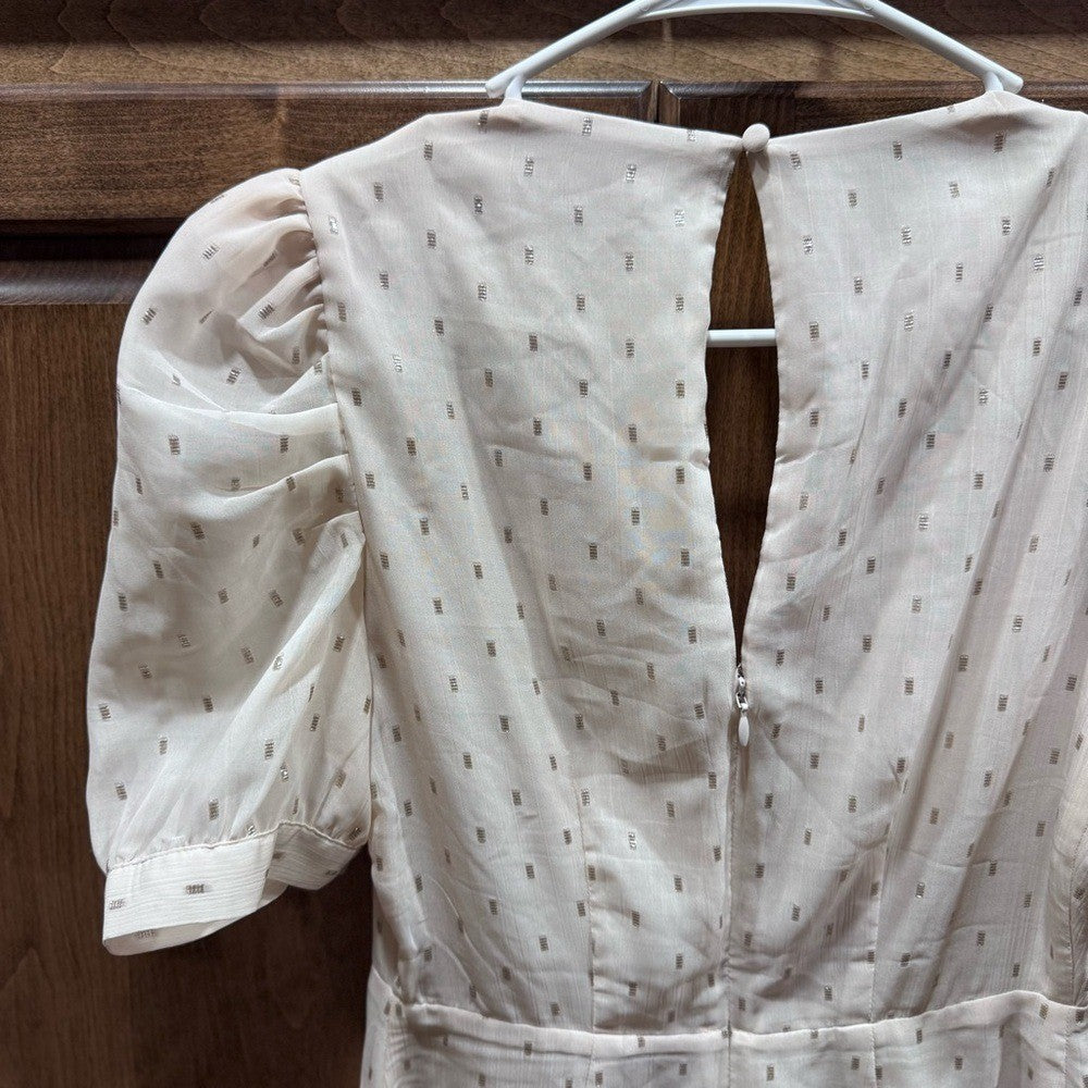 Express Puff Sleeve Midi Dress Women's XS Cream Beige Polka Dot V-Neck Fit