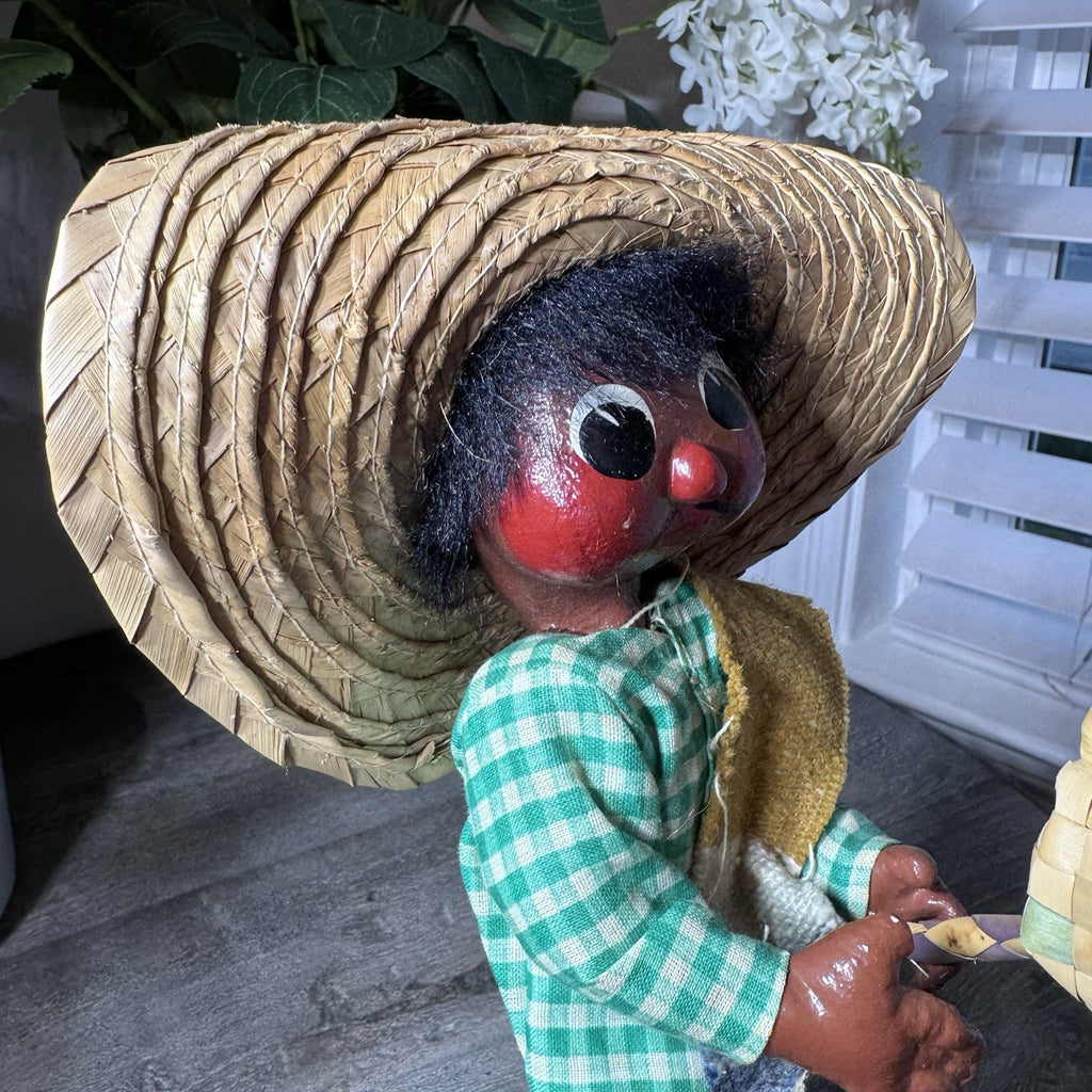 VTG Mexican Folk Art Cloth Dolls Pair Hand Painted Man Woman Handmade Straw Hat