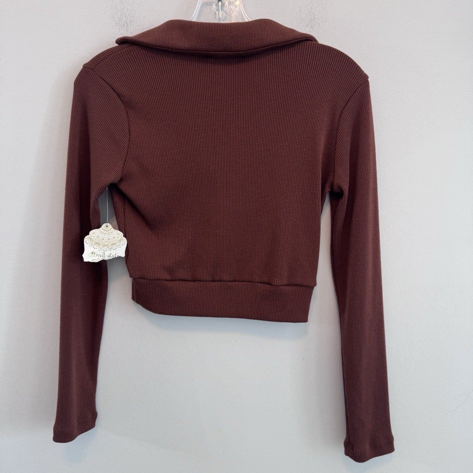 Altar’d State Ribbed Crop Top XS Collared Long Sleeve Brown NWT