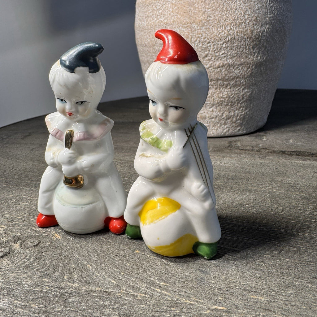 Vintage European Folk Art Doll & Miniature Porcelain Clown Figurine Trio Lot 6"