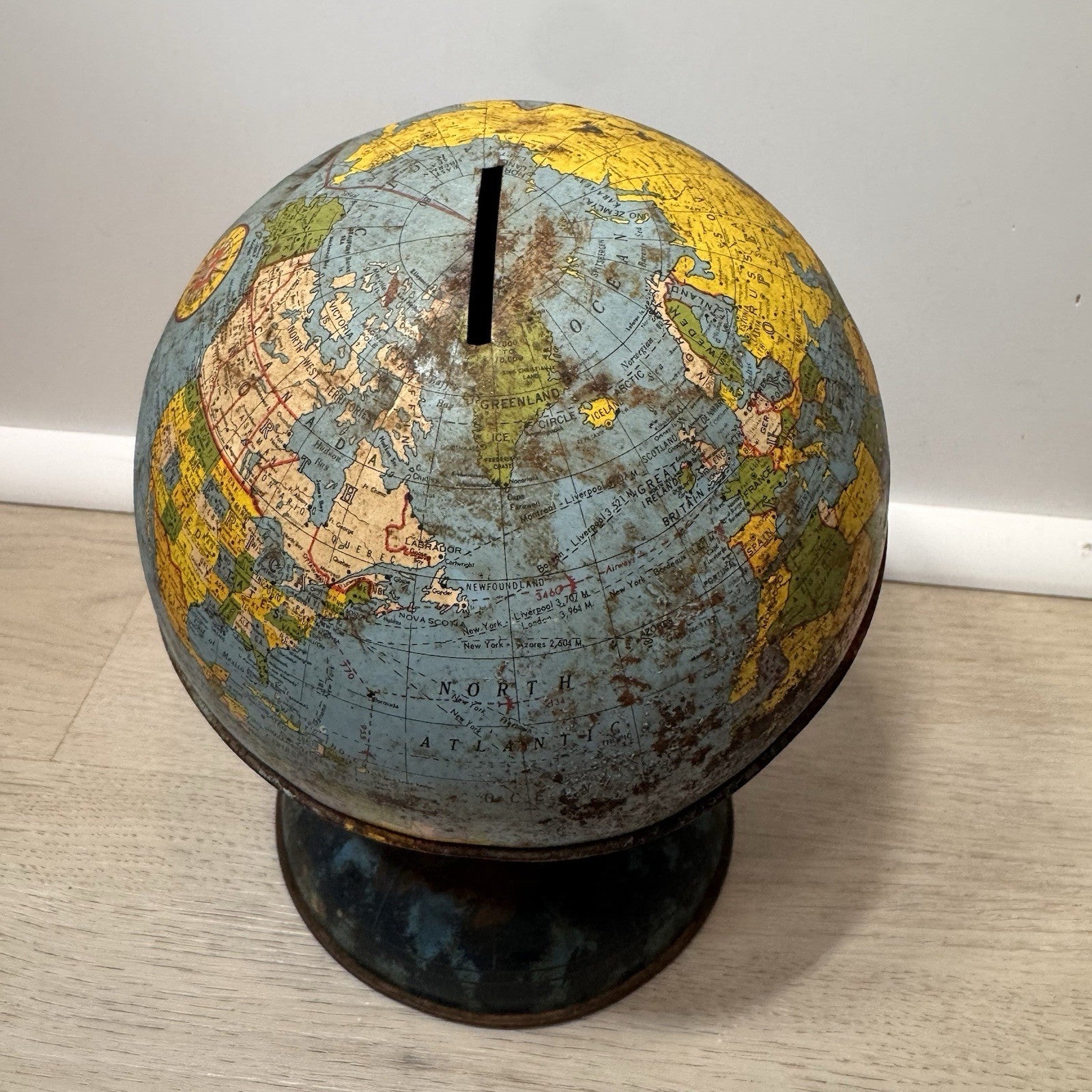 Vintage J Chein Tin Litho World Globe Bank Mid Century Industrial Decor Patina