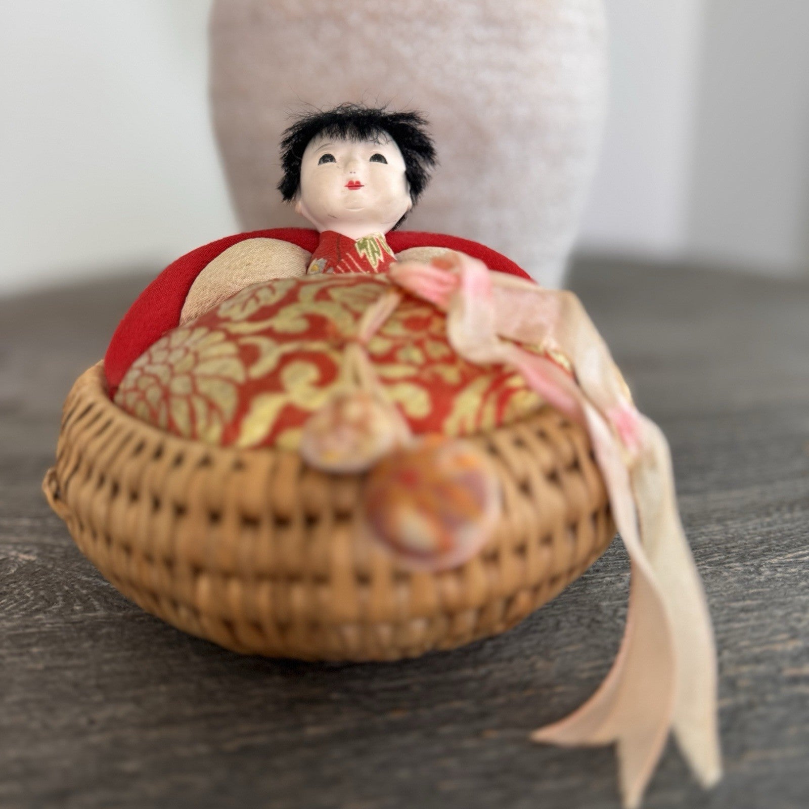 Vintage Japanese Woven Basket Doll Pincushion Geisha Silk Brocade Made in Japan