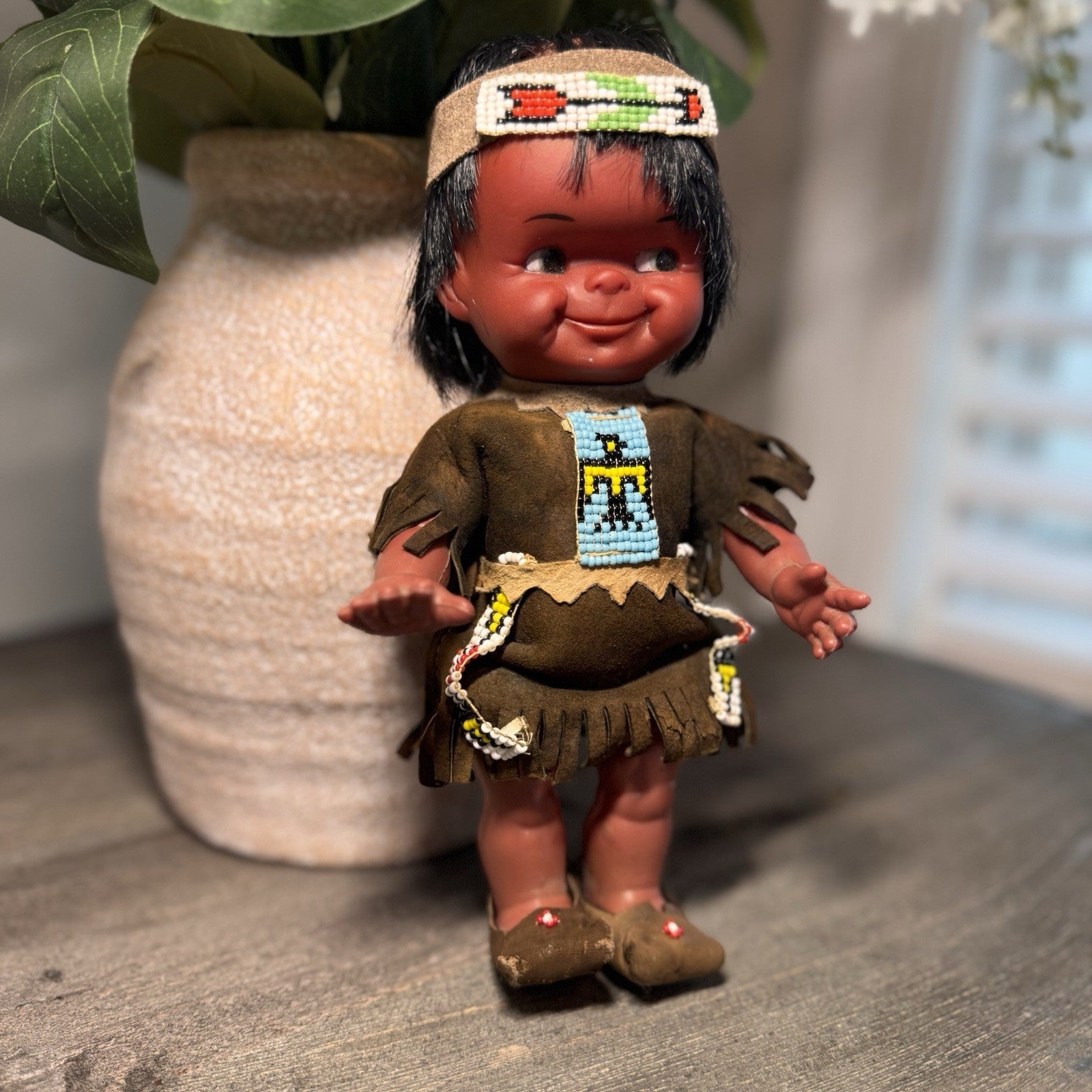 Vintage Native American Indian Doll Vinyl Souvenir Beaded Outfit Red Fringe