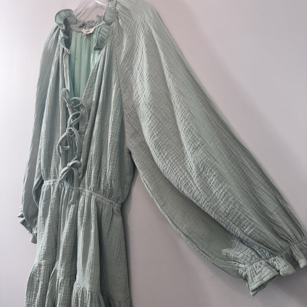 Entro Mint Gauze Romper Dress M Boho Tie Front Tiered Cotton