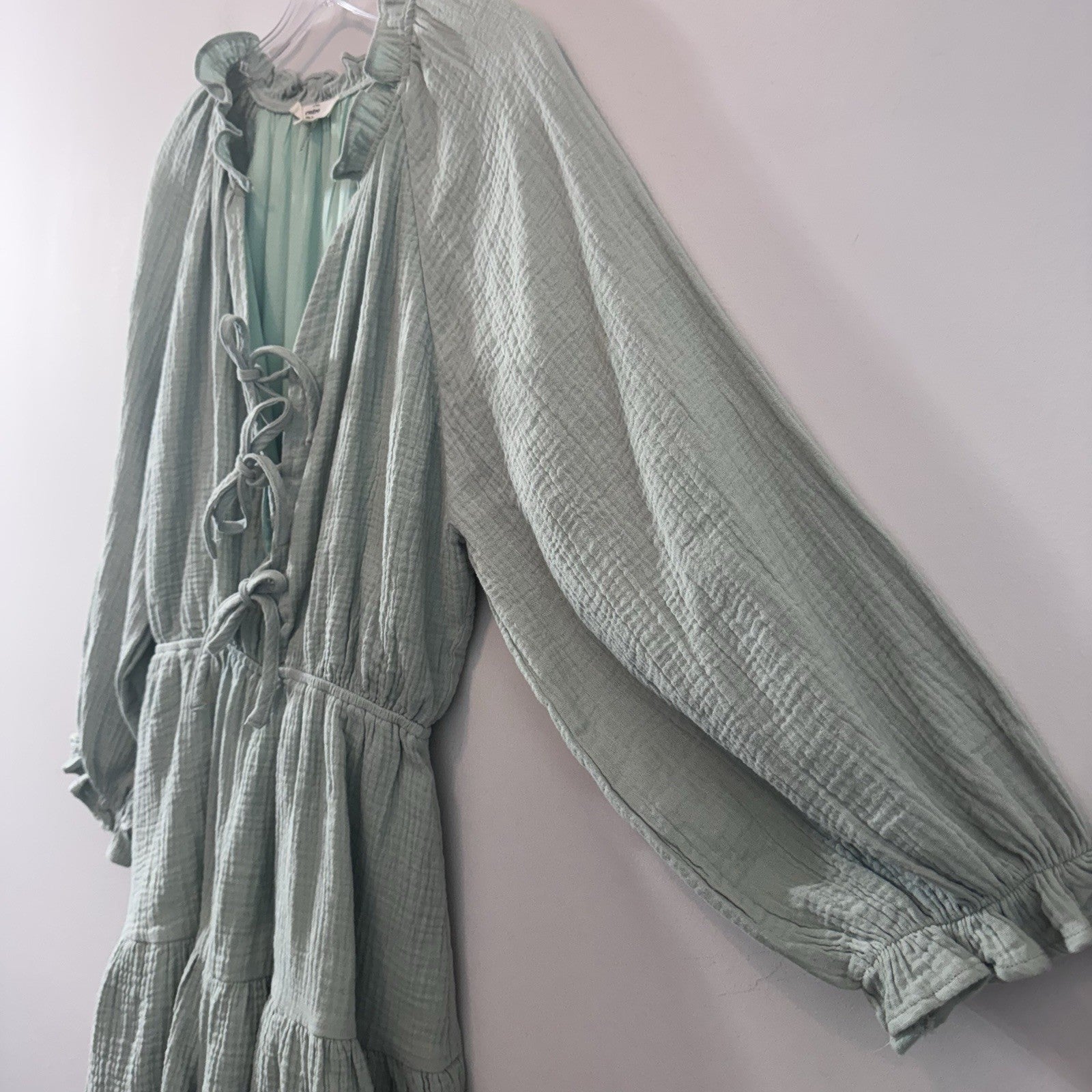 Entro Mint Gauze Romper Dress M Boho Tie Front Tiered Cotton