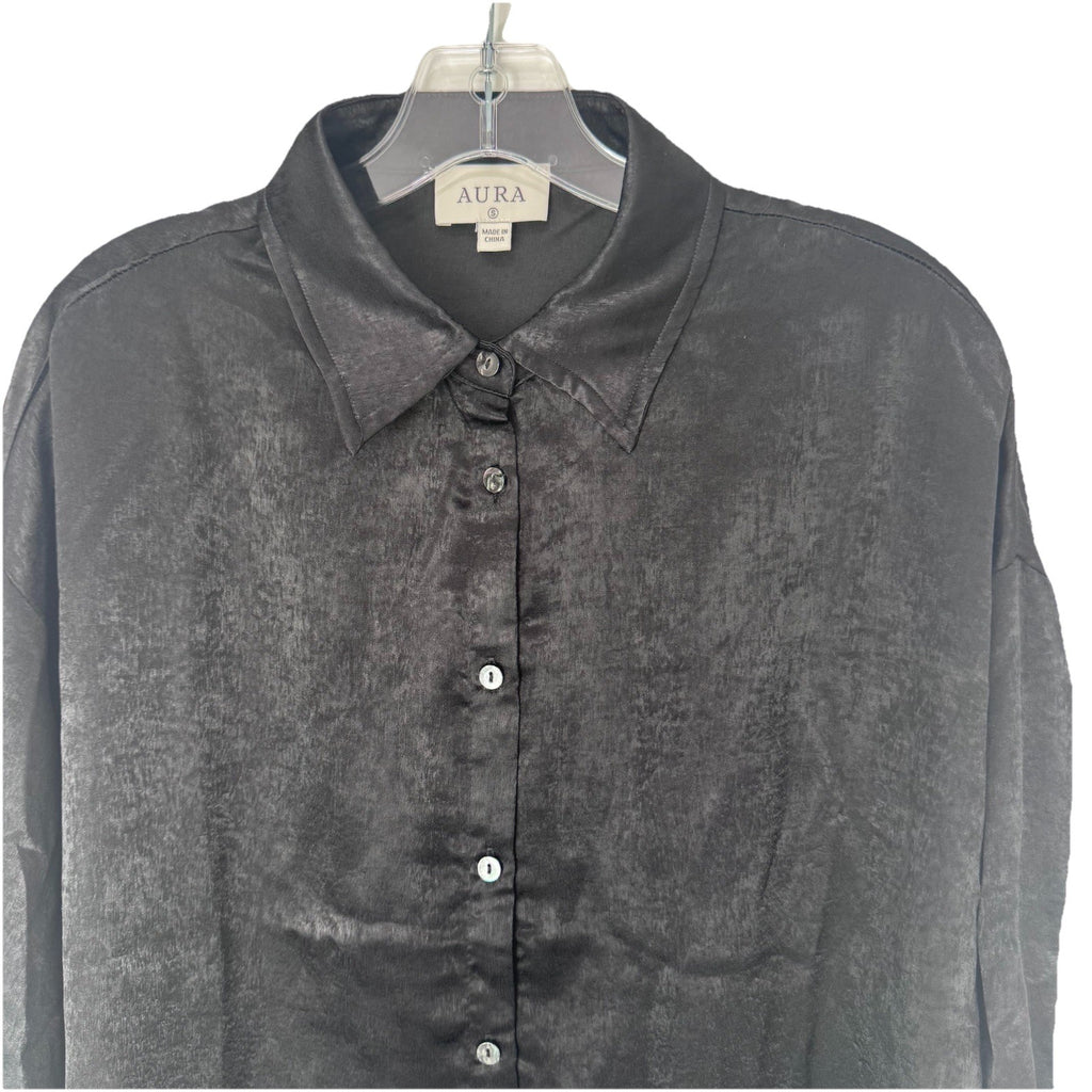 NWT Aura by Red Dress Boutique Black Satin Button Front Blouse Size S