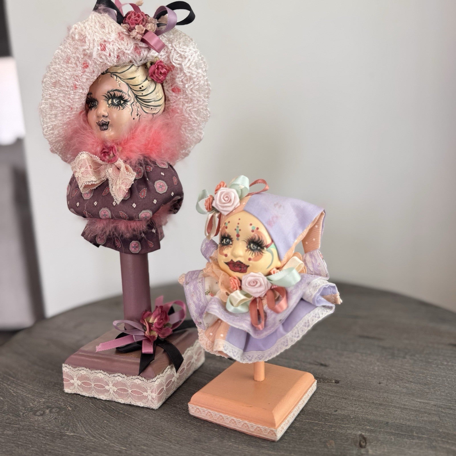Set of 2 Vintage Porcelain Jester Clown Busts 14" & 7" Harlequin Pierrot Decor