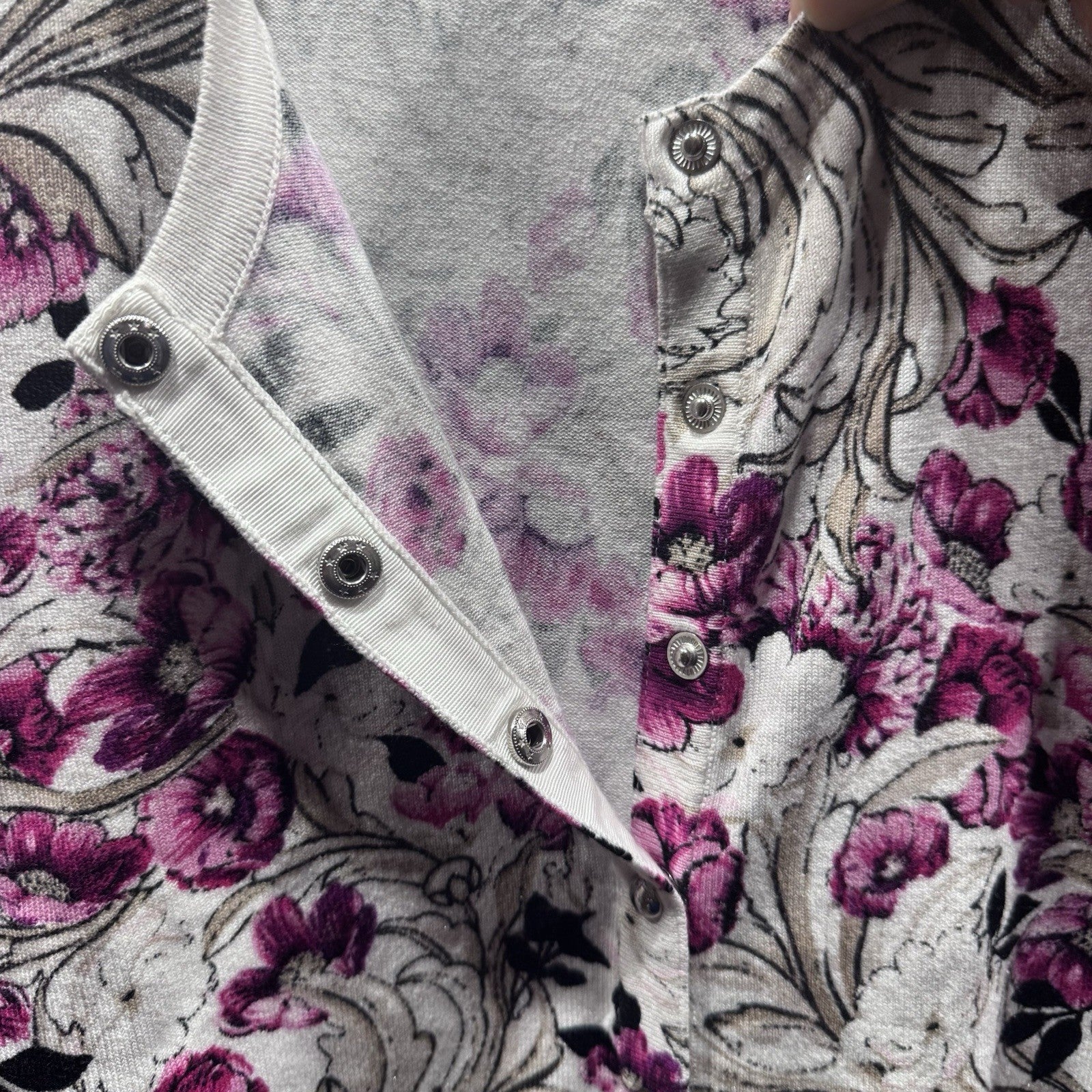 White House Black Market Cardigan S Pink Floral Button Front 3/4 Sleeve Ribbed