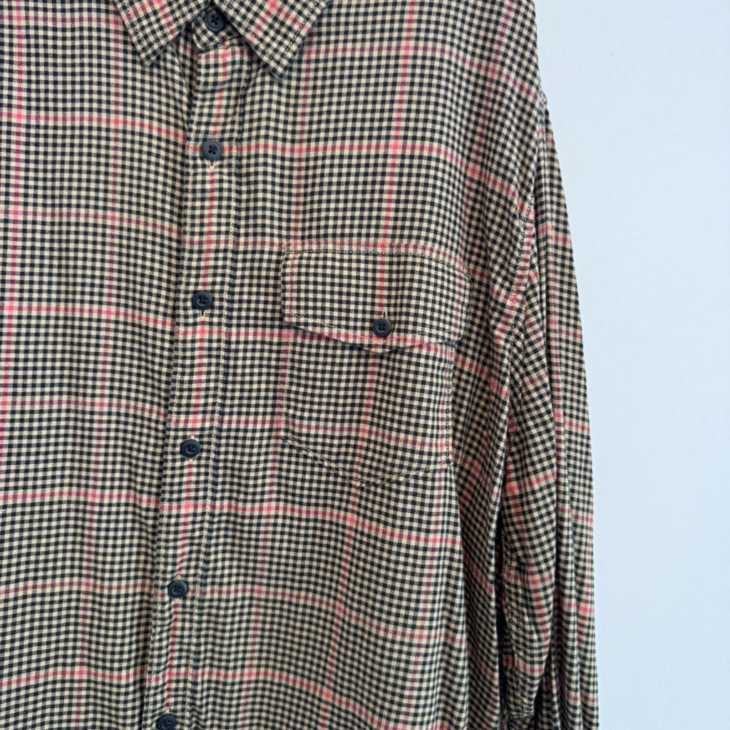 American Eagle XL Plaid Button Up Shirt Pink Tan Black Flannel Y2K