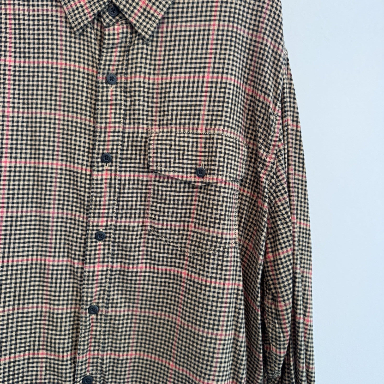 American Eagle XL Plaid Button Up Shirt Pink Tan Black Flannel Y2K