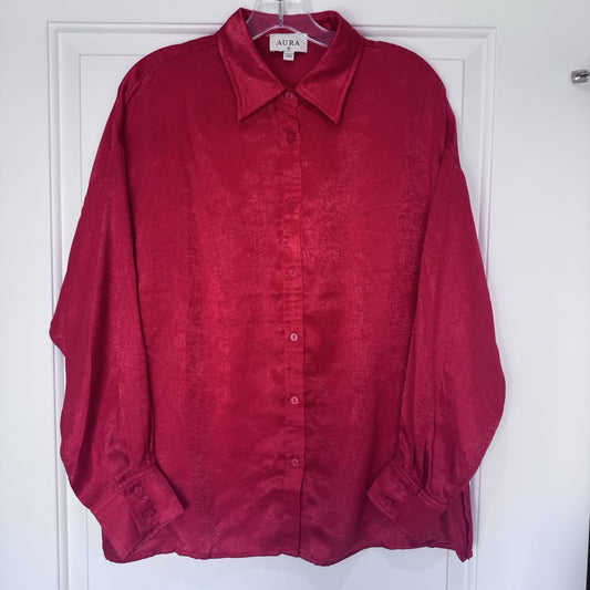 Aura by Red Dress Boutique Red Satin Button Front Blouse Size S NEW