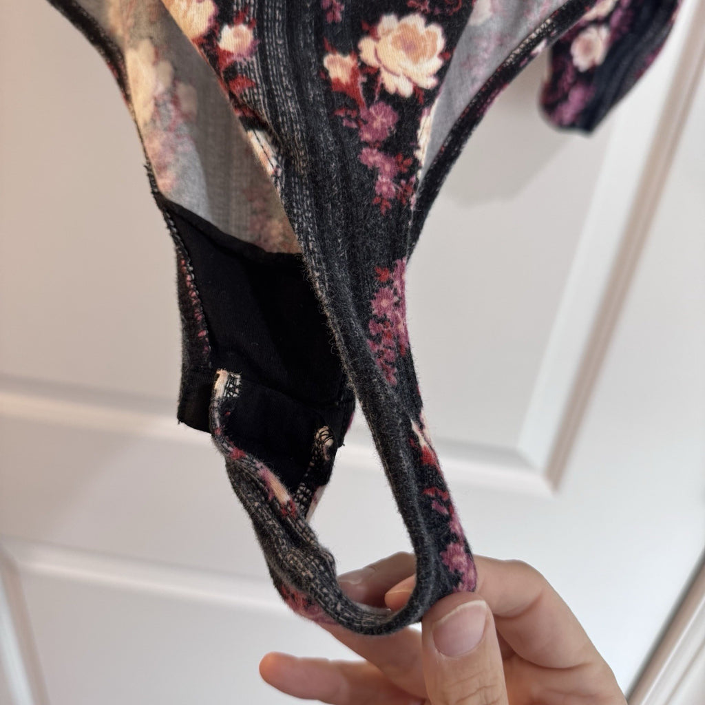 Free People Floral Long Sleeve Bodysuit Cutout Back Pink Purple Size S